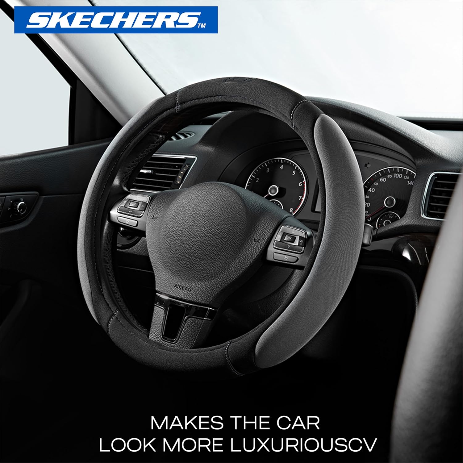 Skechers Steering Wheel Cover,14.5-15 Inch Universal Memory Foam Car Steering Wheel Covers Breathable Anti-Slip Steering Wheels Accessories for Men Women (Black & Grey)