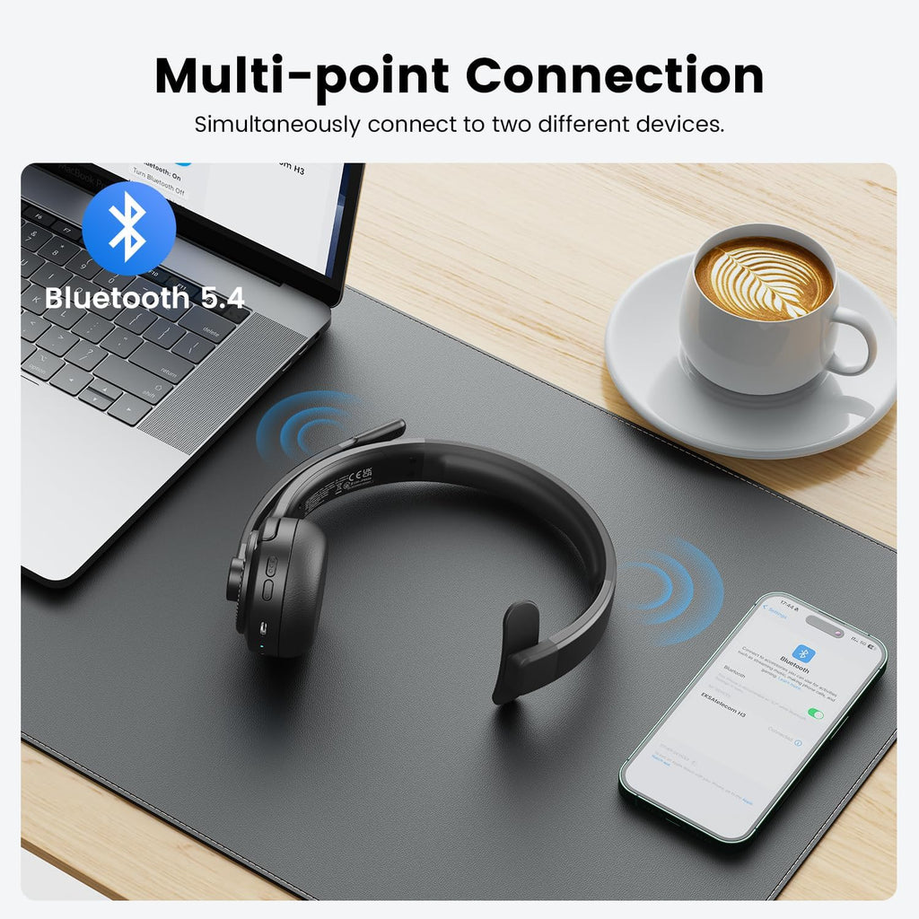 EKSA H3 Trucker Bluetooth Headset V5.4, Wireless Headphones with Mic Noise Cancelling, Mute Button & Replacement Ear Cushion, 65Hrs Driver Bluetooth Headset for Cellphone Office Work