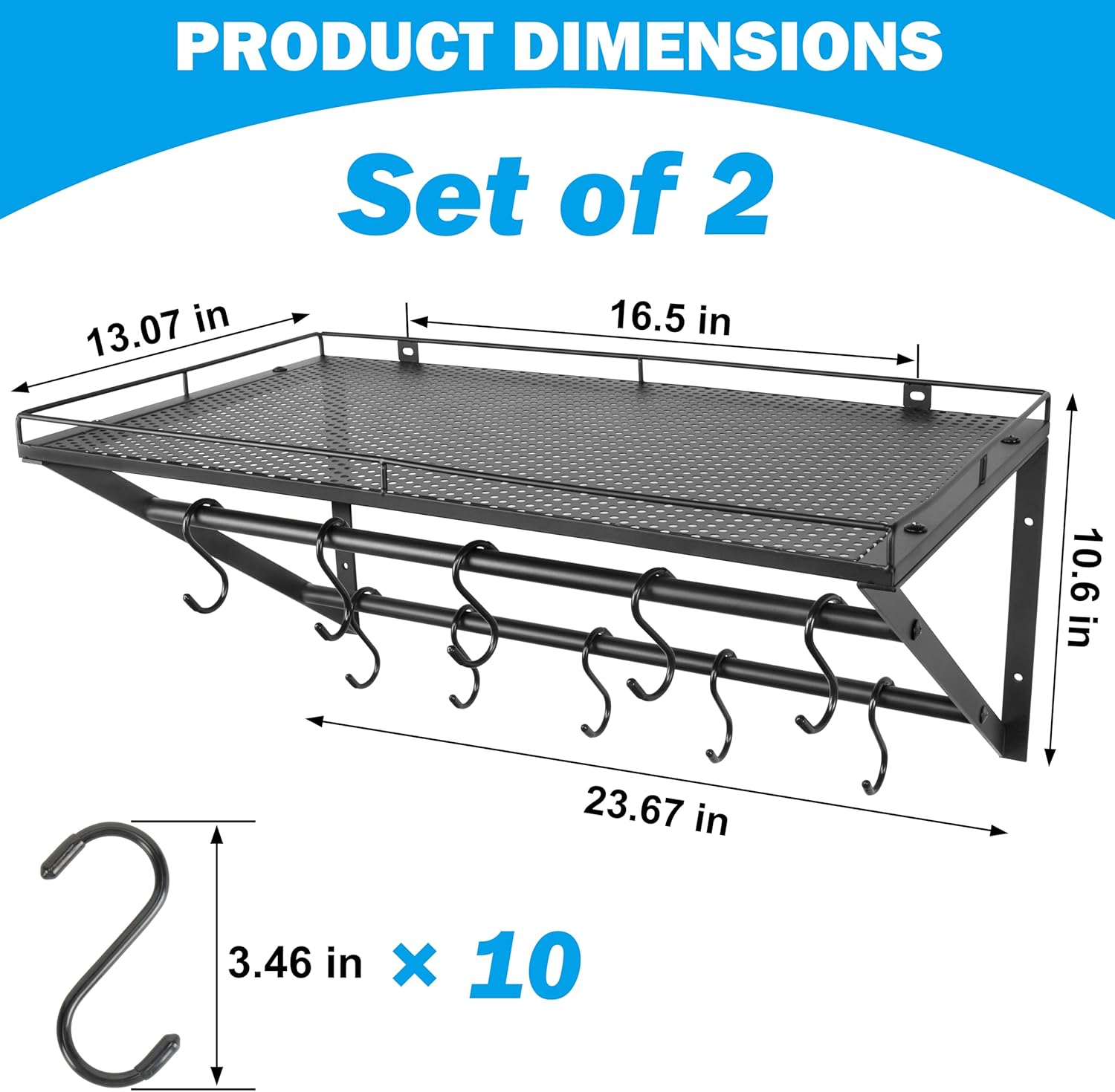 RedCall 2 Pack Garage Wall Shelf with 10 Hooks,23.5" x 13"Wall Mounted Storage Shelves with 2 Hanging Bars Rack for Garage, Closet, Laundry Room,Heavy Duty Metal Shelves