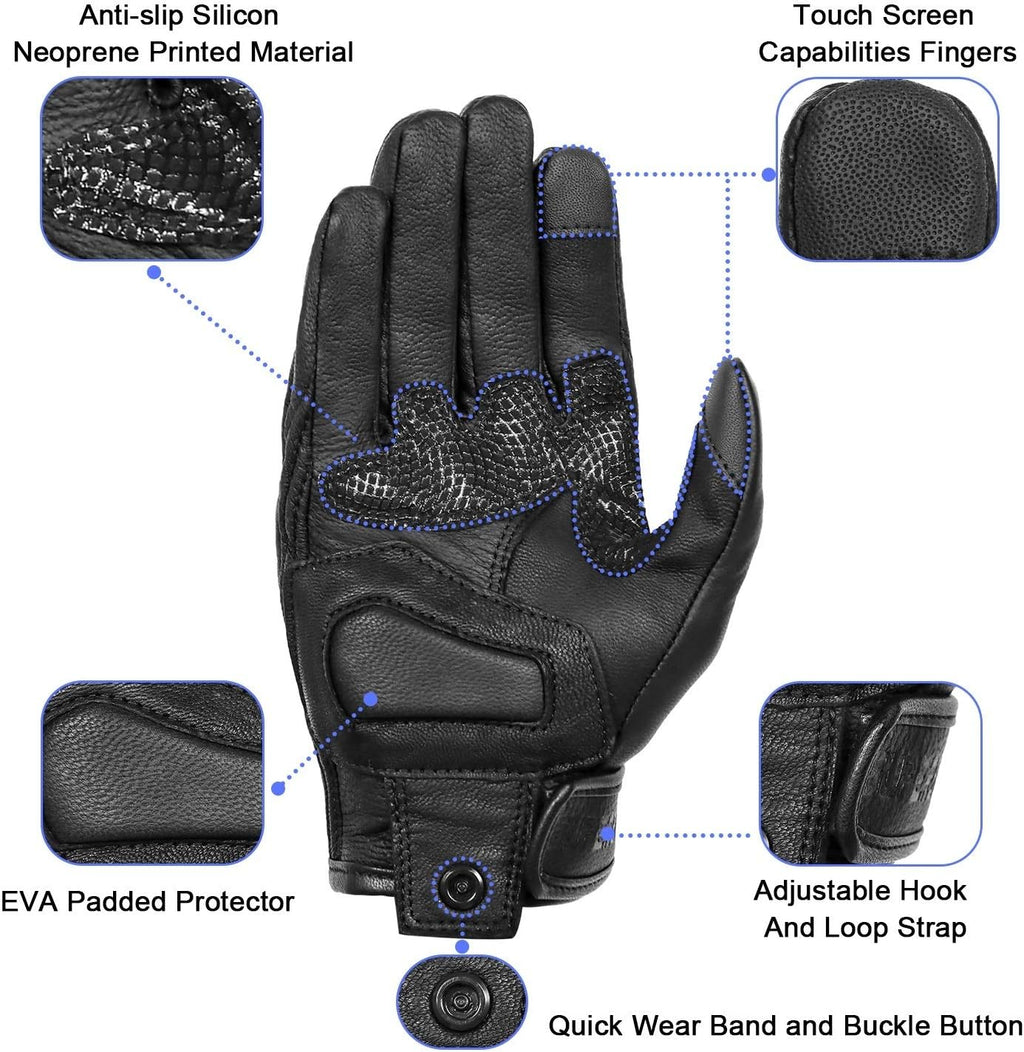 Updated Men’s Goat Skin Leather Motorcycle Gloves Touchscreen Knuckle Protector Motorcross Racing Gloves (Updated,Non-Perforated, XL)