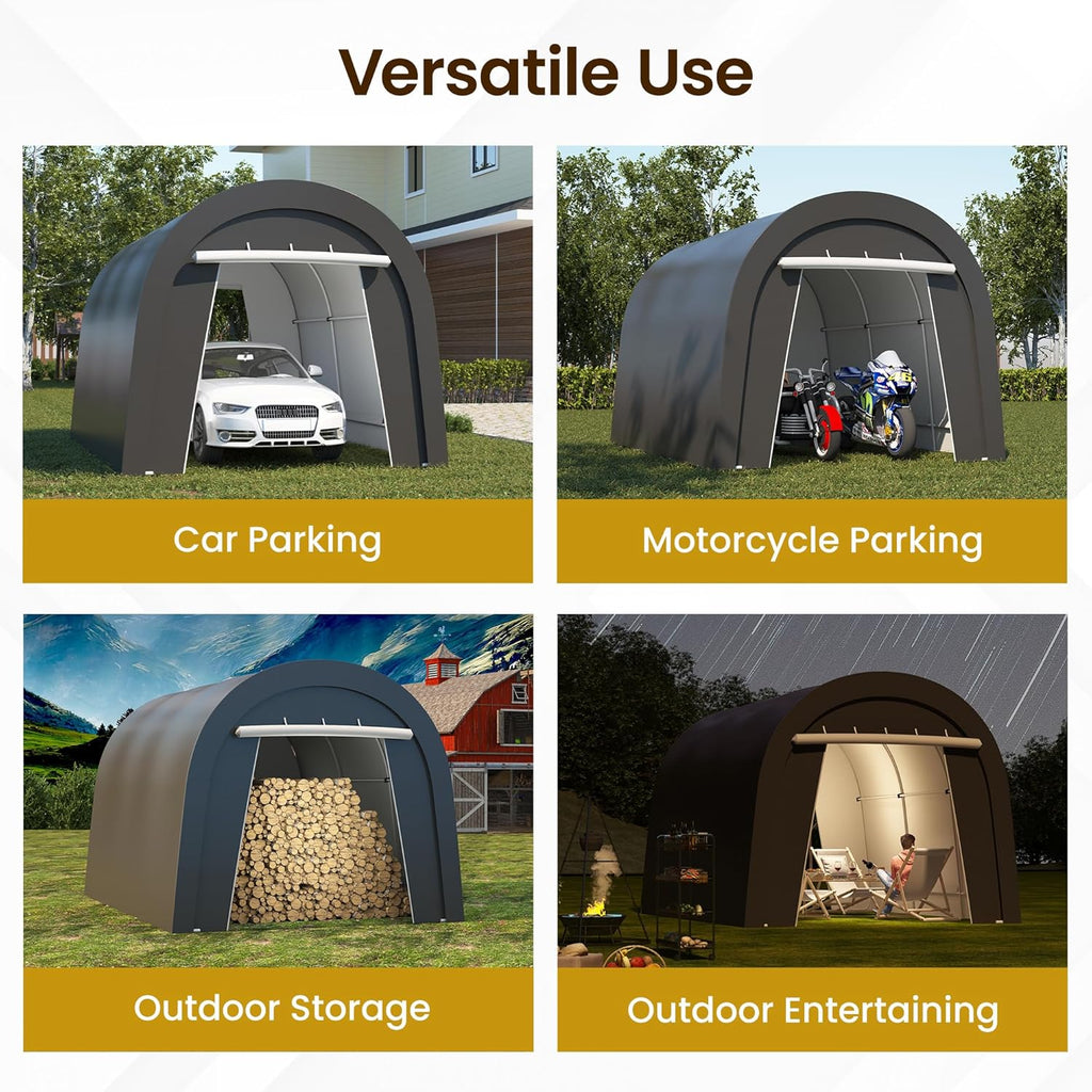 Kiss the Water Carport, Round Portable Garage, Steel Heavy Duty Carport with Ground Stakes, Tensioner and 2 Roll Up Windows PE Fabric Car Port, Garage, Storage Shed, Tent for Storage, SUV (10x15 Ft)