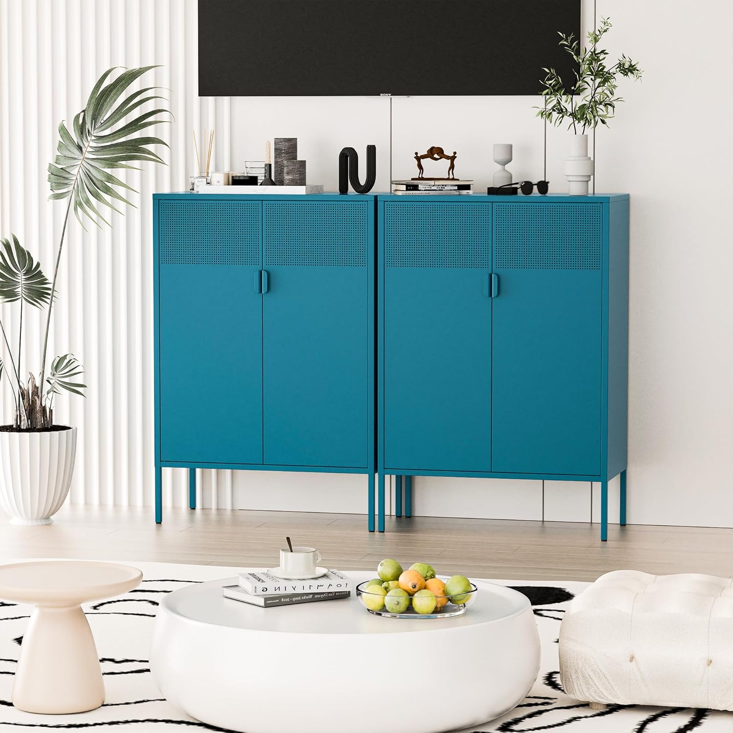 2 Mesh Door Metal Cabinet with Adjustable Shelves, Multipurpose Peacock Blue Storage Cabinet, 3-Tier,Metal Storage Cabinet for Office Home,Hallway(Peacock Blue, 47''H)