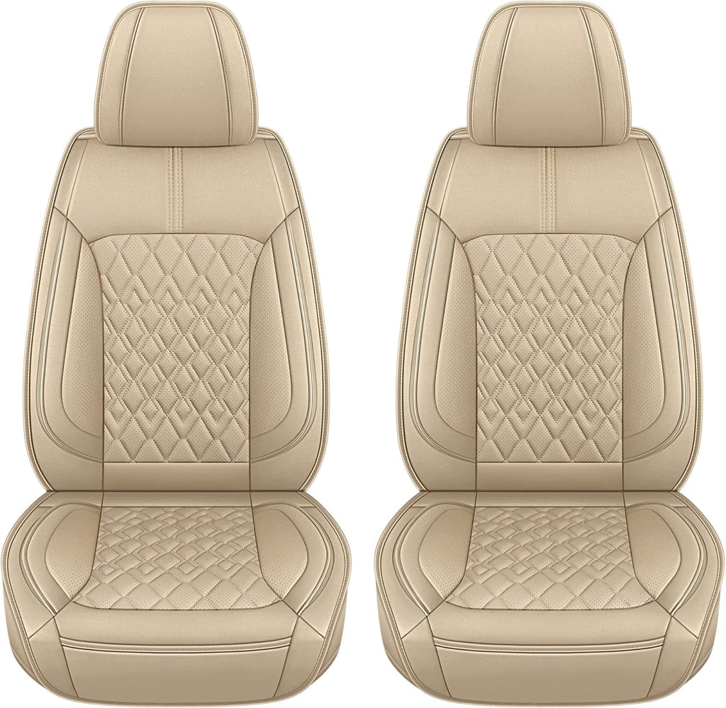 Pariitadin Leather Car Seat Covers Front Pair, Waterproof Breathable Faux Leather Automotive Seat Covers for Cars, Non-Slip Car Interior Covers Universal Fit Most Cars Sedans Trucks SUVs, Beige