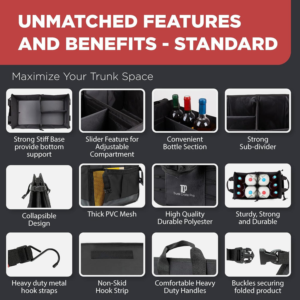 TRUNKCRATEPRO Car Organizers and Storage Premium Adjustable Multi Compartments Car Storage Organizer | Portable and Foldable SUV Trunk Organizer for Car (Standard size, black)