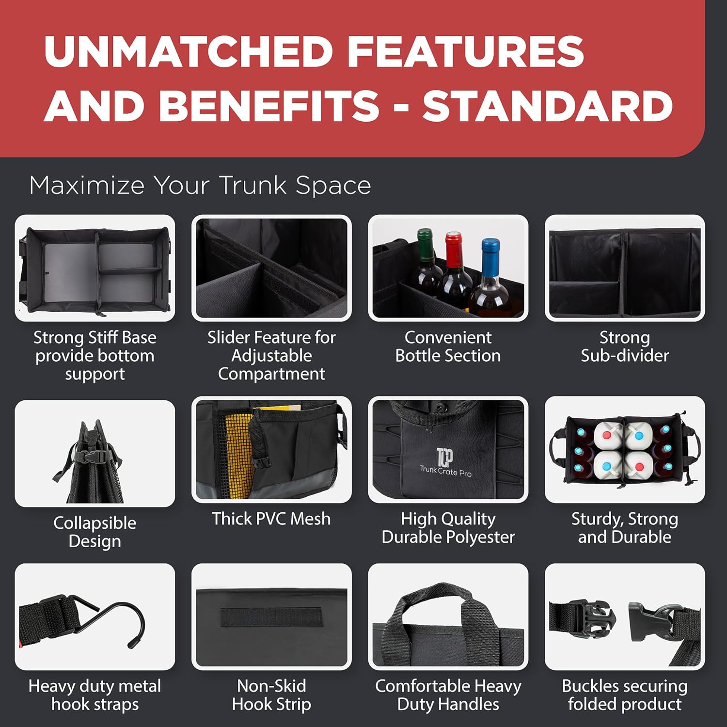 TRUNKCRATEPRO Car Organizers and Storage Premium Adjustable Multi Compartments Car Storage Organizer | Portable and Foldable SUV Trunk Organizer for Car (Standard size, black)