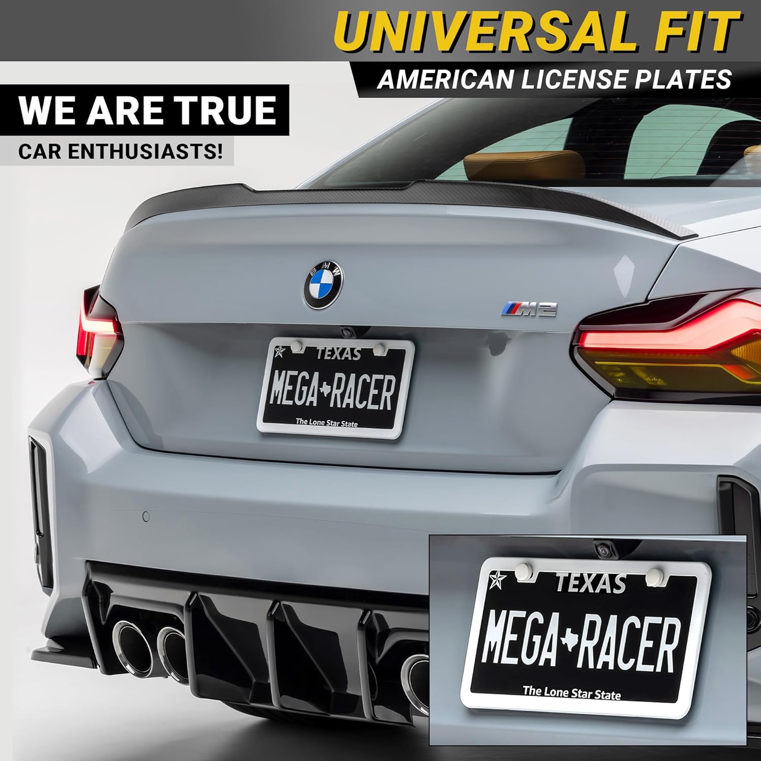 Premium Slim White License Plate Frames – 2 Pack, Rust-Free Stainless Steel, Street Legal & Rattle-Free, Universal Fit with Screw Covers, Sleek Thin Metal Front & Rear Car Tag Holders for Men & Women