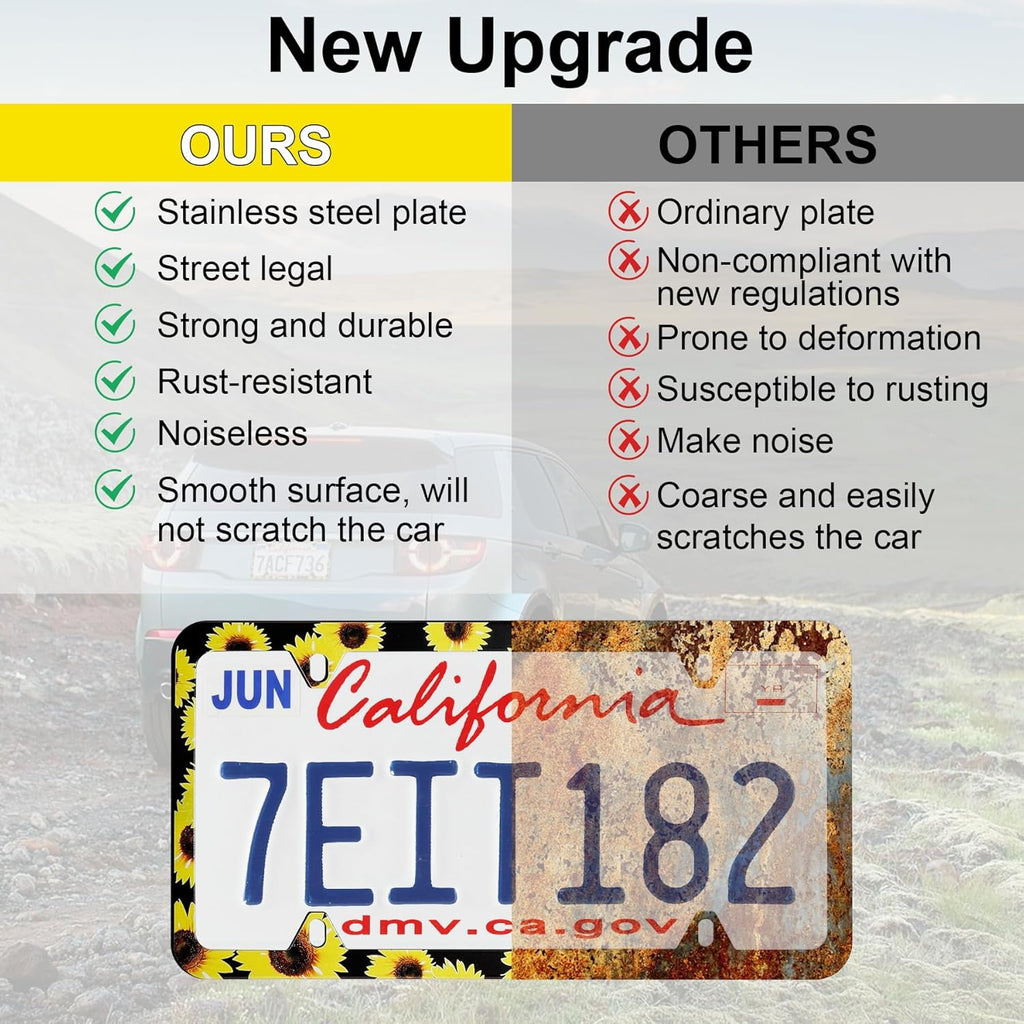 LivTee Flower License Plate Frames, 4 Holes Stainless Steel License Plate Covers, 2PCS Car License Plate Holder, Automotive Exterior Accessories, Sunflower