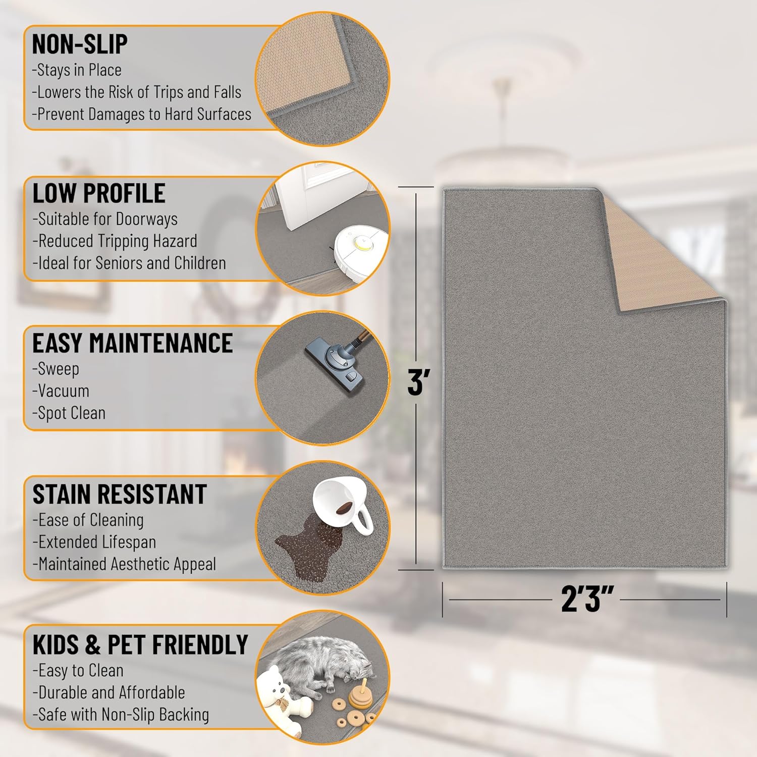 Ottomanson Rugs for Entryway 2'3" x 3' Non Slip Solid Small Area Rugs Durable Front Door Mat Rug Stain Resistant Entrance Rugs for Bathroom Kitchen Bedroom & Living Room, Gray