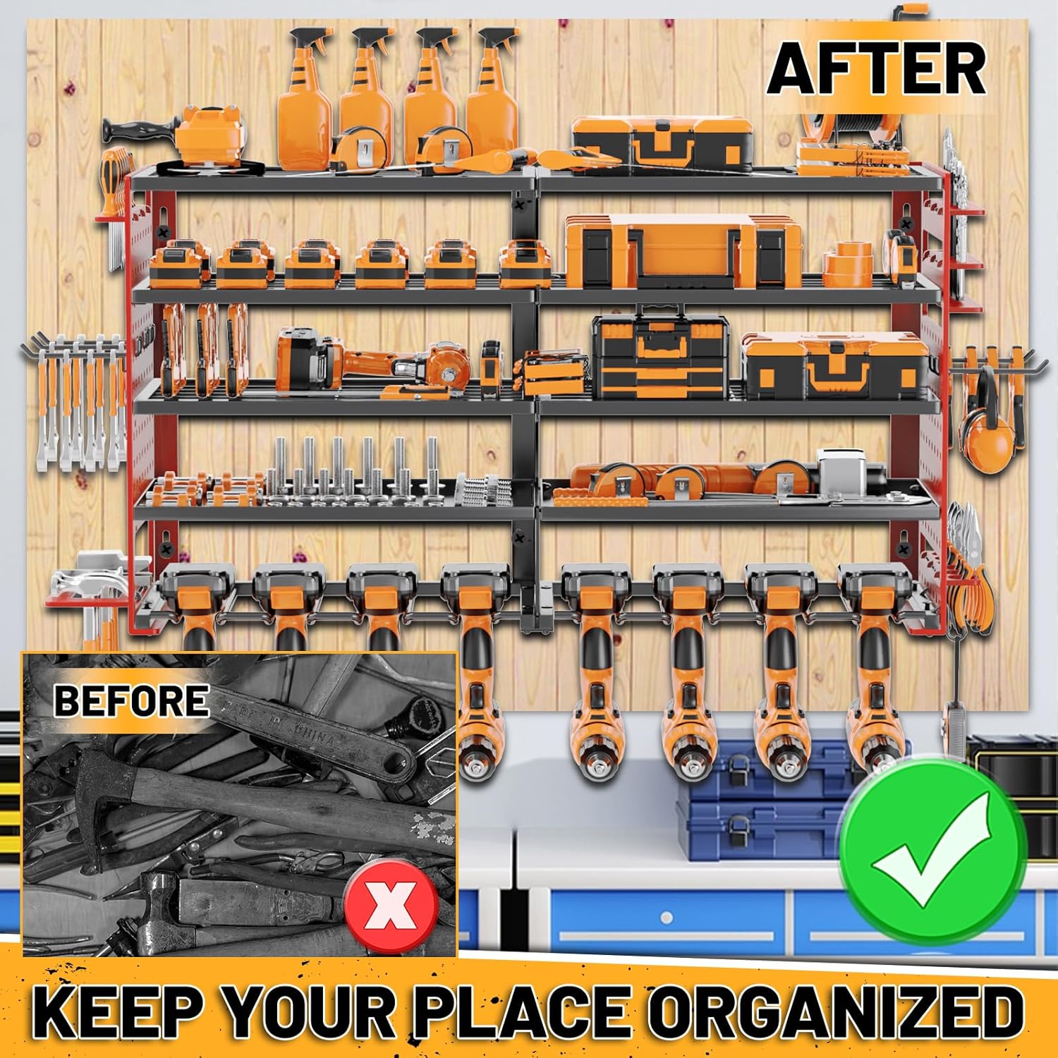 5 Layers Power Tool Organizer Wall Mount, Cordless Tool Storage Rack Holder with 8 Drill Holders, Heavy Duty Garage Wall Tool Shelf for Workshop Tool Room Men Husband Father Gift (Black-Red)