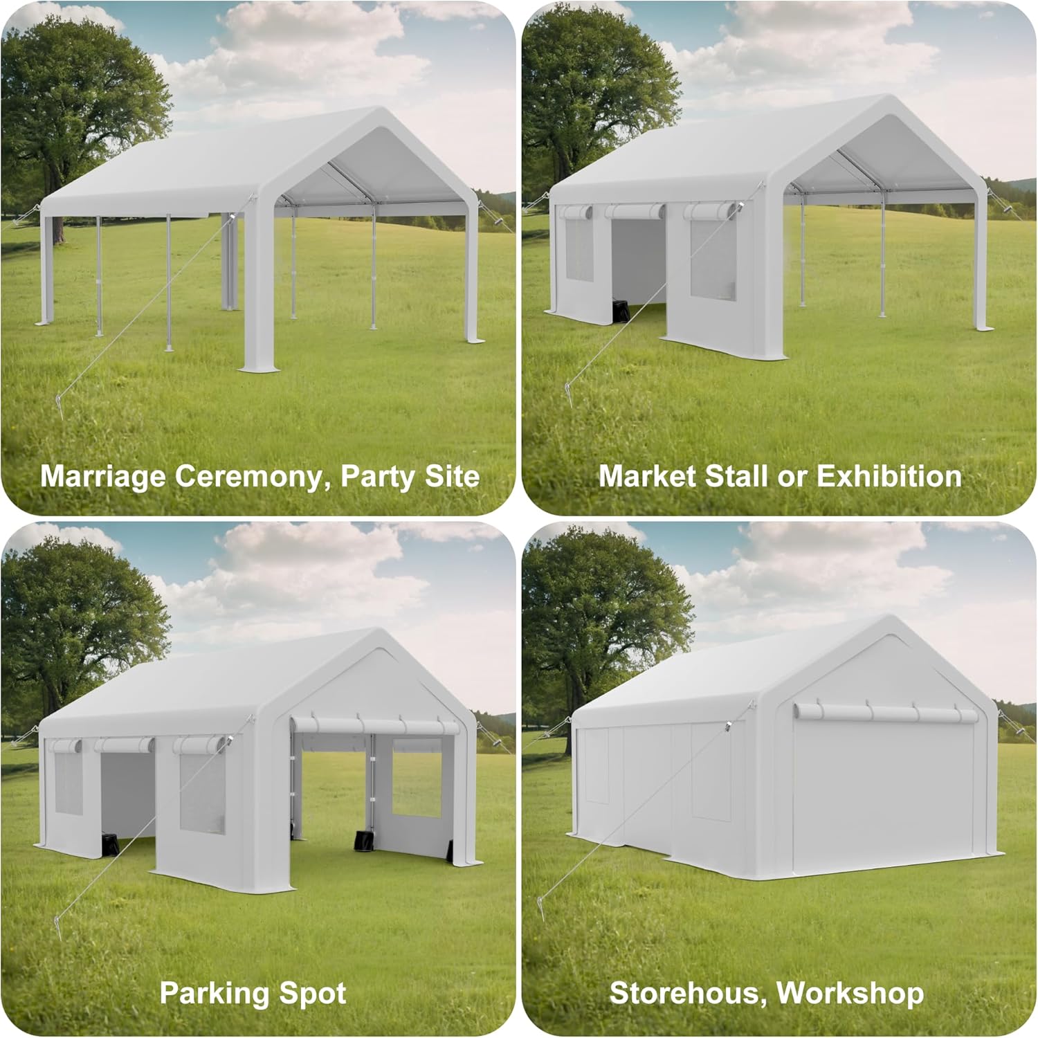 Heavy Duty Carport, Portable Garage with 4 Doors & 4 Window，Upgraded Carport with Reinforced Steel Poles, Uv Resistant All-Season Waterproof Tarp, for Car, Truck, Boat