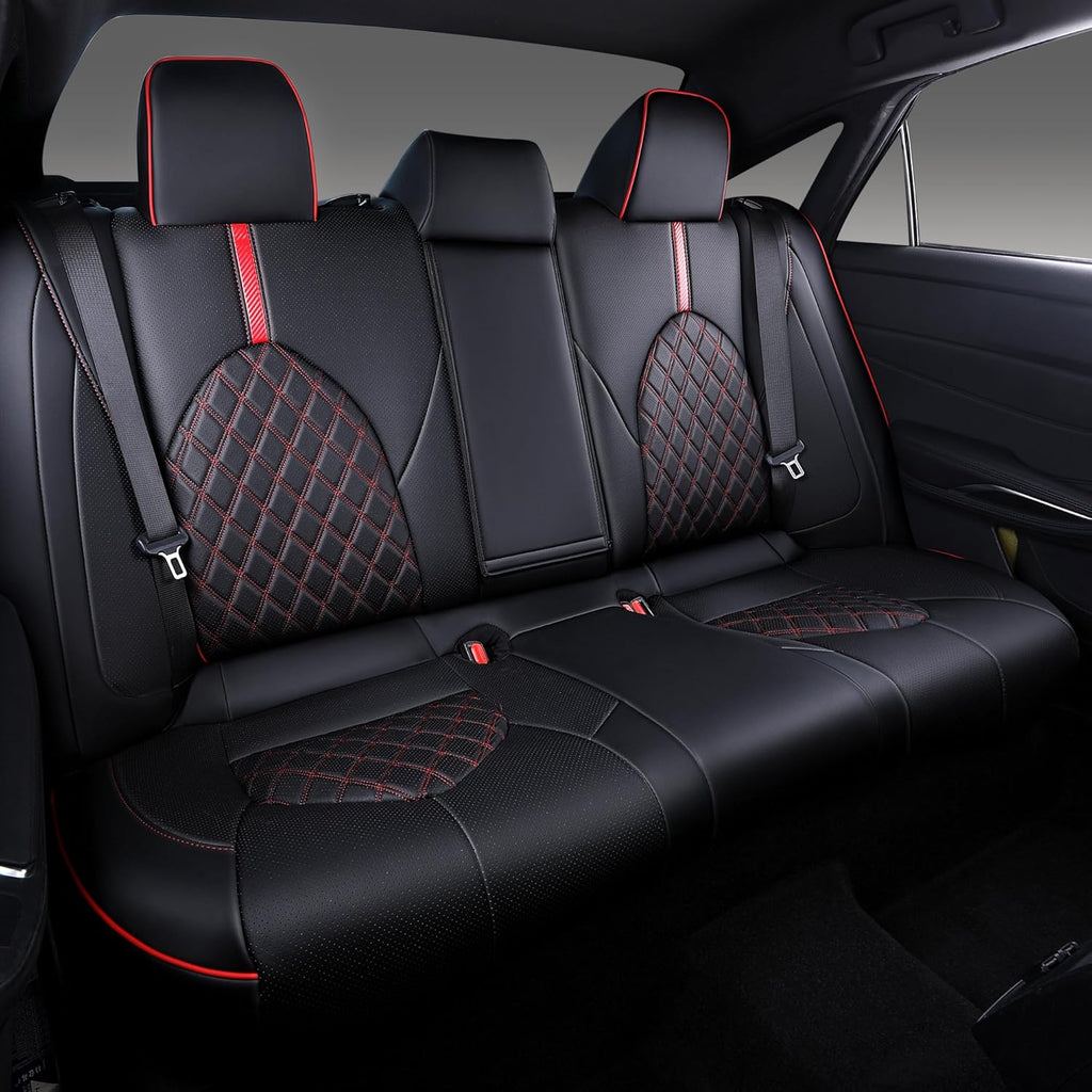 Custom Fit Camry Seat Covers for Toyota Camry Hybrid LE, Hybrid SE 2018-2024 Full Coverage Waterproof Breathable Leather Car Seat Covers Full Set (Black with Red Trim)