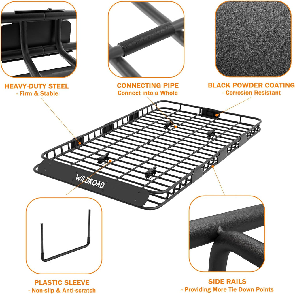 Wildroad Roof Rack Cargo Basket, Upgraded 4” Fence Wide Car Roof Basket Combo, 84"x 50"x 4" Universal Roof Cargo Carrier Basket with Cargo Bag, Cargo Net and Ratchet Straps Fits for SUV Truck Cars