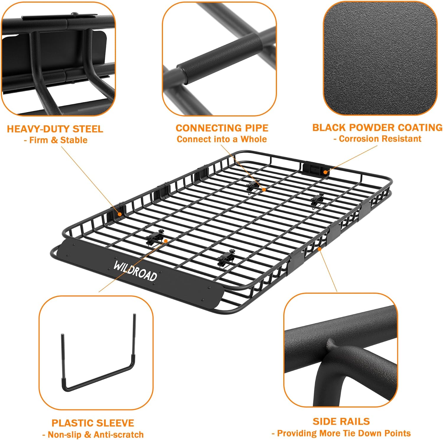 Wildroad Roof Rack Cargo Basket, Upgraded 4” Fence Wide Car Roof Basket Combo, 84"x 50"x 4" Universal Roof Cargo Carrier Basket with Cargo Bag, Cargo Net and Ratchet Straps Fits for SUV Truck Cars