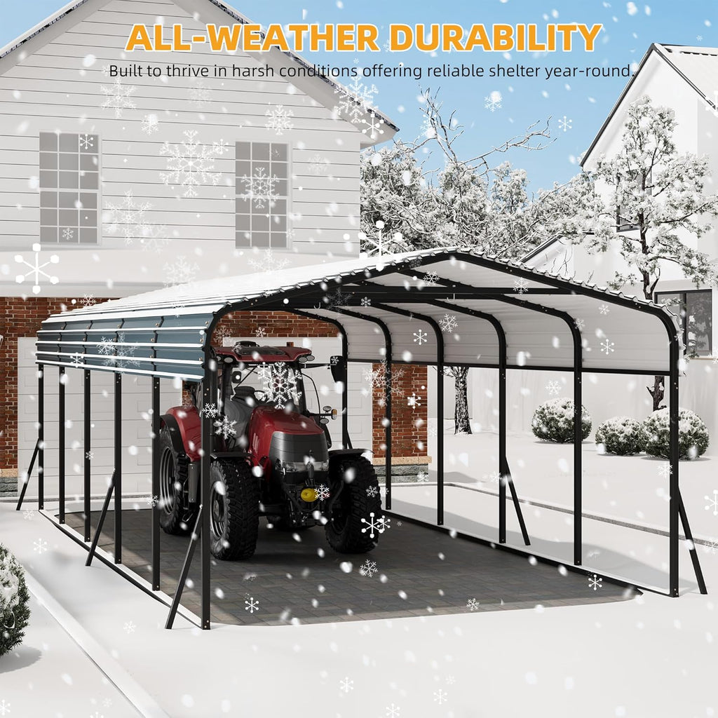 12' x 24' Heavy Duty Metal Carport with Galvanized Steel Roof, Metal Roof Carport with Enhanced Base, Tall Metal Carport Kits Garage for Tractors, Pickup, Boat, Car