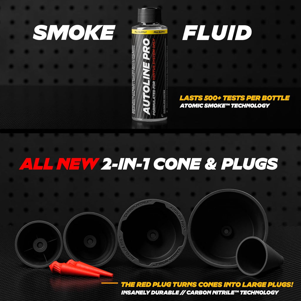 AutoLine Pro Automotive Ventus Smoke Machine Leak Tester EVAP Vacuum - World's #1 Self-Powered Li-Ion Battery Unit - OEM Odorless Fluid Lasts 500 Tests - Built-in Air Compressor - Cone Cap Plugs