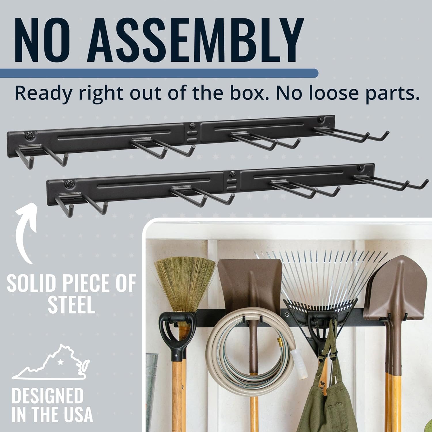 StoreYourBoard Wall-Mounted Rack With 4 Garage Hooks – Heavy-Duty Steel Holder Garage & Garden Storage for Shed, Workshop, or Home Organization – For Rakes, Shovels, Tools & More – 2 Pack, Gray