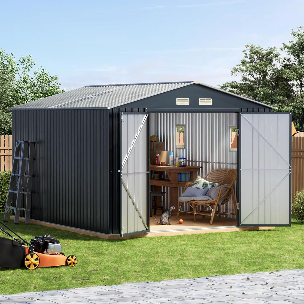 10x12 FT Outdoor Metal Storage Shed with Floor Frame, Double Swing Doors, 2 Clear Windows, Replaceable Skylight Roof Panel, Tool Shed for Garden, Patio, Backyard