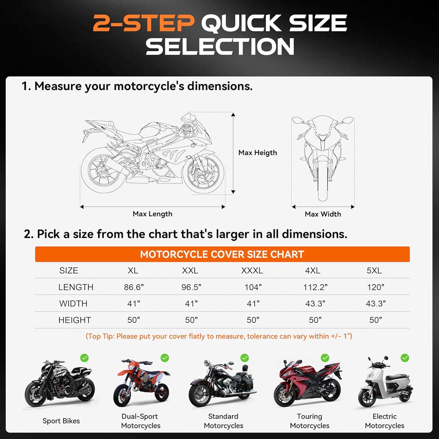 Motorcycle Cover Waterproof Outdoor, 300D Heavy Duty, UV & Rain Resistant, 3 Wind-Resistant Buckles, Dual Lock Holes, Includes Storage Bag, Fits Most Motorcycles/Scooters up to 86.6",Silver