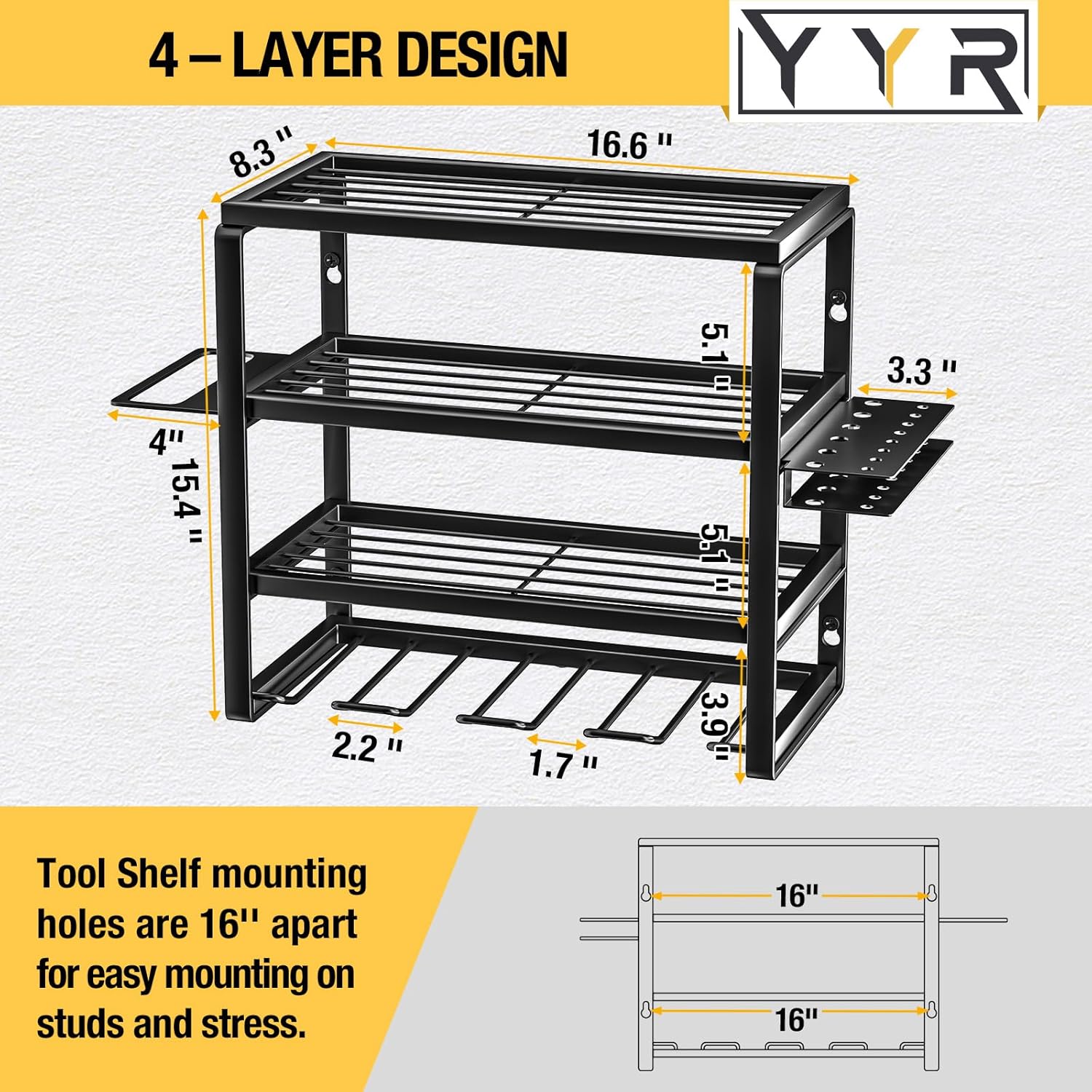YYR 4 Layer Power Tool Organizer Wall Mount, Cordless Drill Hanger Storage Rack, Battery Tools Holder with Charging Station Shelf for Garage Organization, Workshop, Pegboard, Shed - 16 Inch 4 Slots
