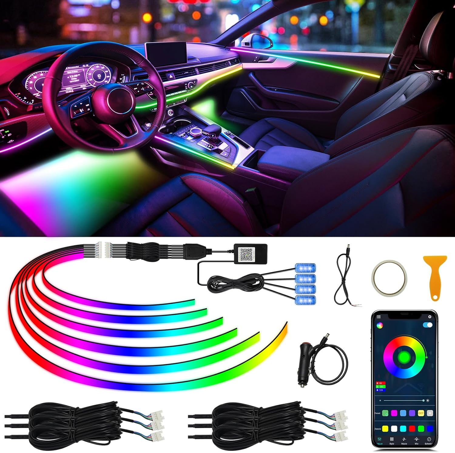 Acrylic Interior Car LED Strip Light, AMKI Car Led Lights Interior with Wireless App, Dreamcolor RGB 10 in 1 with 175 inches 593 LEDs Ambient Lighting Kits, 16 Million Colors Music & DIY Function