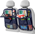 LUCMO Car Backseat Organizer with Tablet Holder-2 Pcs,6 Storage Pockets Car Storage Organizer with Foldable Food Tray,Protectors Kick Mats Travel Accessories-Dark Blue