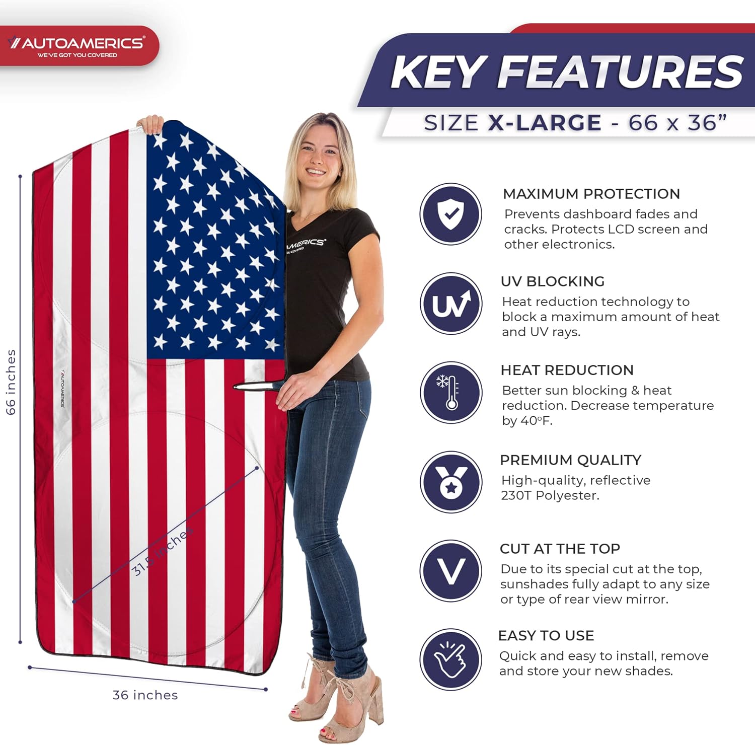 Autoamerics Truck Windshield Sun Shade with Storage Pouch & Anti-Slip Dash Pad - Foldable Original USA Flag Design - Fits Most SUVs & Trucks - Blocks UV Rays, Keeps Vehicle Cool | X-Large (66 x 36 in)