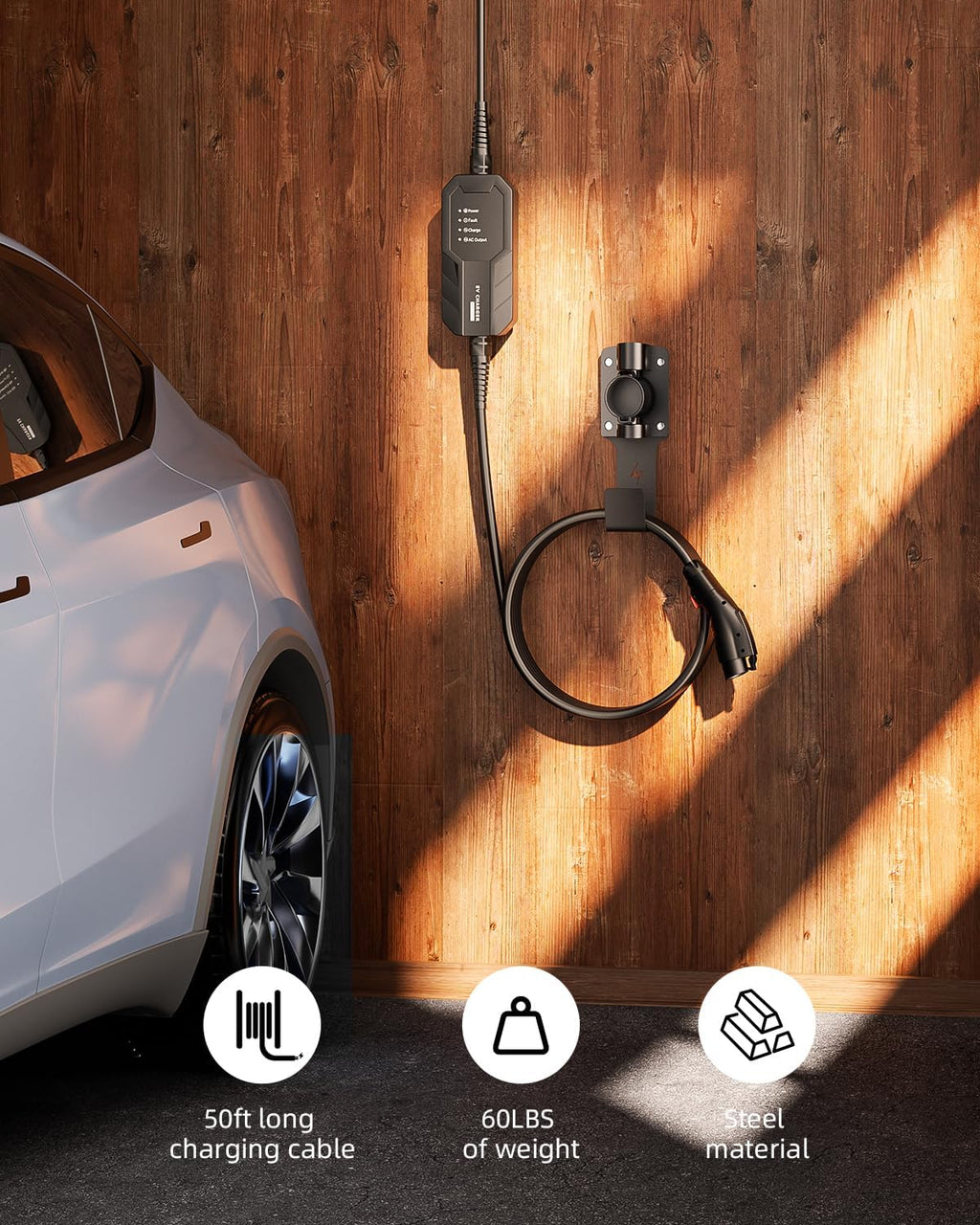EV Charger Holder, with 180° Rotation Nozzle Dock, Metal J-Hook for SAE J1772 Charger Holder Organizer Wall-Mount Connector Electric Vehicle Charging Cable Car Accessories