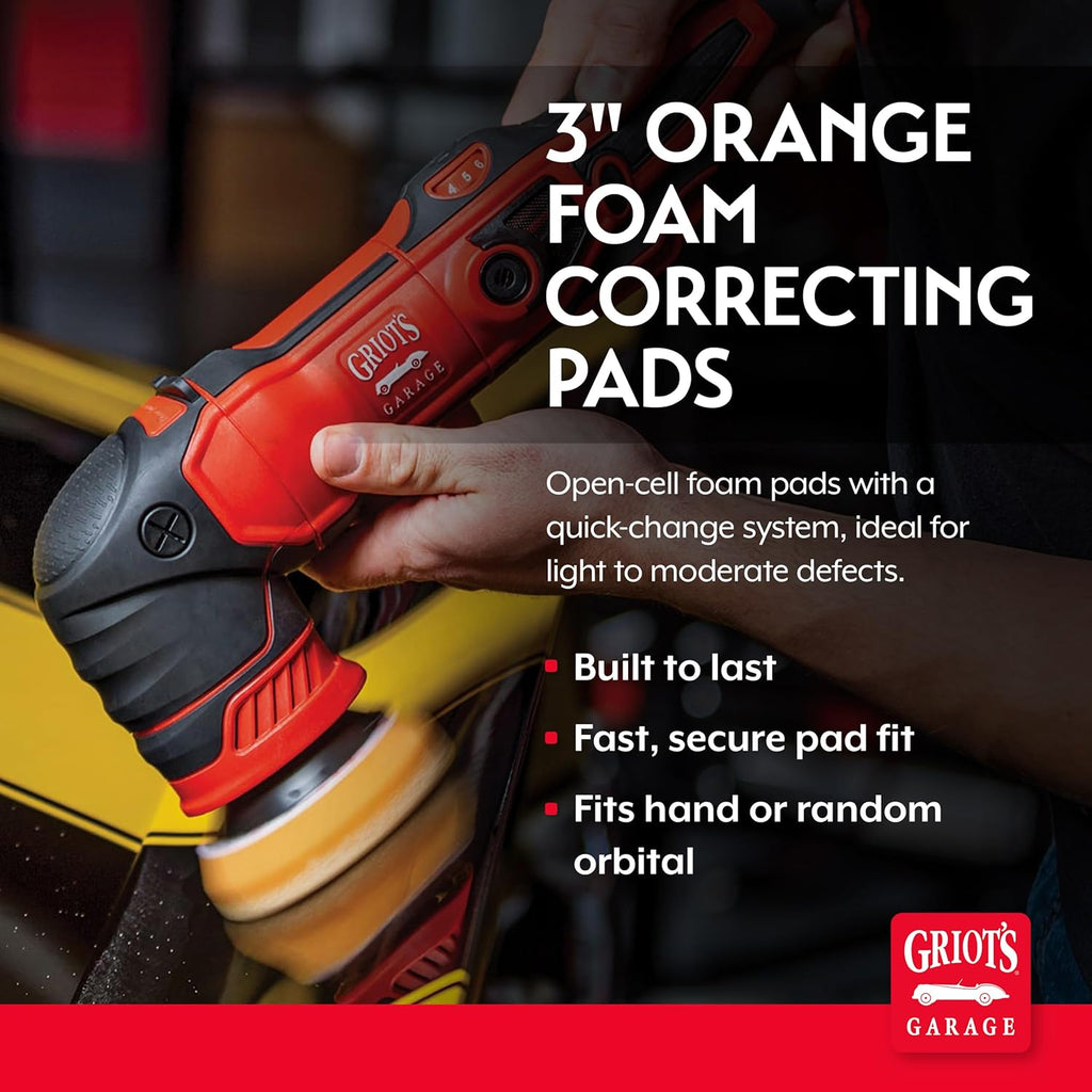 Griot's Garage Orange Foam Correcting Pads for Car Polishing and Detailing, Removes Light to Moderate Paint Defects, Durable, Machine-Washable, 11241, 3", Set of 3
