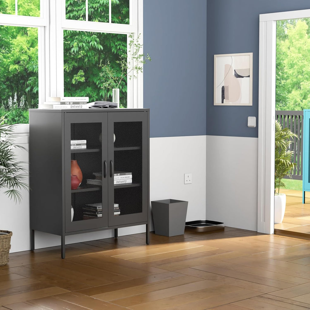 Metal Storage Cabinet with Mesh Doors and Shelves,Multipurpose Storage Rack, 3-Tier Office Cabinet,Metal Locker Style Accent for Home Office,Living Room,Kitchen (Black-mesh, 40''H)