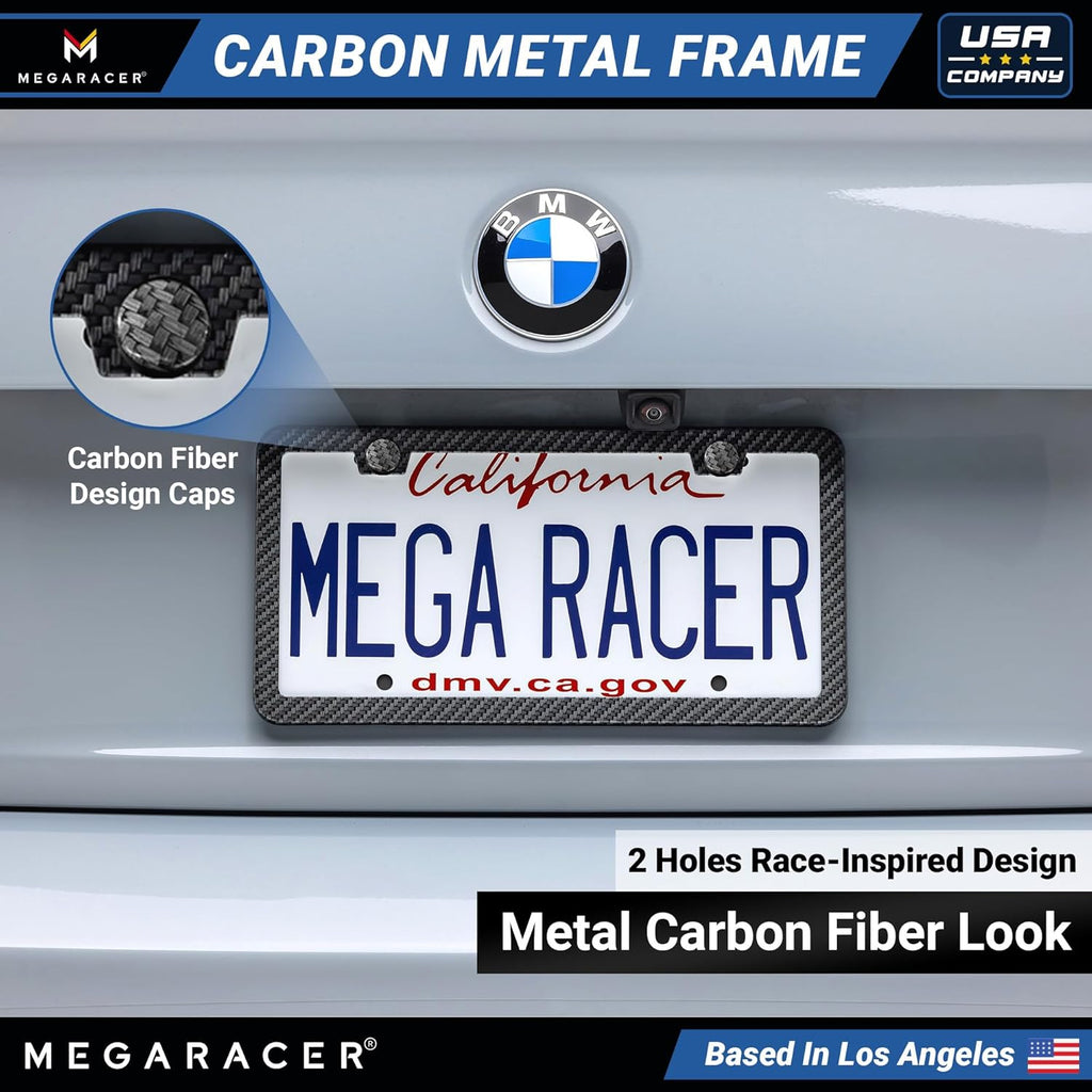 Premium Slim Carbon Fiber Design License Plate Frames – 2 Pack, Rust-Free Stainless Steel & Rattle-Free, Street Legal, Universal with Screw Caps Cover, Thin Metal Front & Rear Car Tag Holders for Men