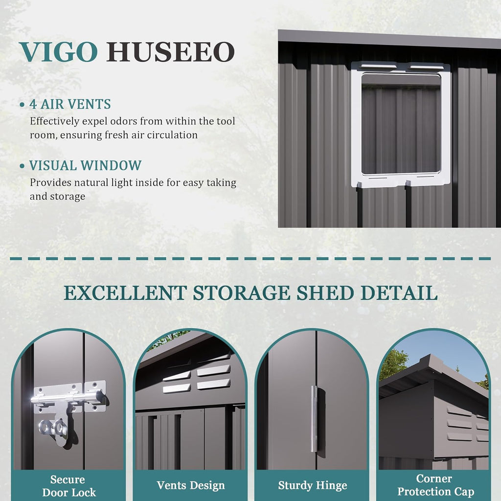 4 * 9.2 * 6 FT Outdoor Storage Shed, Galvanized Steel Garden Shed with Lockable Door & Window, Waterproof Metal Tool Storage for Garden, Backyard, Patio, Lawn(Gray)