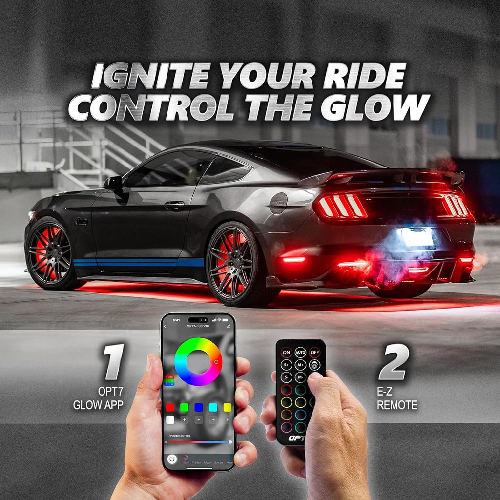 OPT7 Aura Pro Underglow LED Lights with APP & Remote Control, RGB Multicolor Mode, Music Sync, 4 PCS Waterproof Rigid Aluminum Light Bar, Exterior Underbody Lighting Kit Universal Fit for Car Truck RV