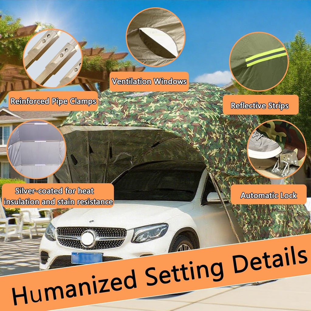 Car Port Portable Storage Shed Carport Canopy Carports Metal Carport Round Style Outdoor Storage Shed Lockable for Automotive Use Anti-Snow Waterproof(Camouflage)