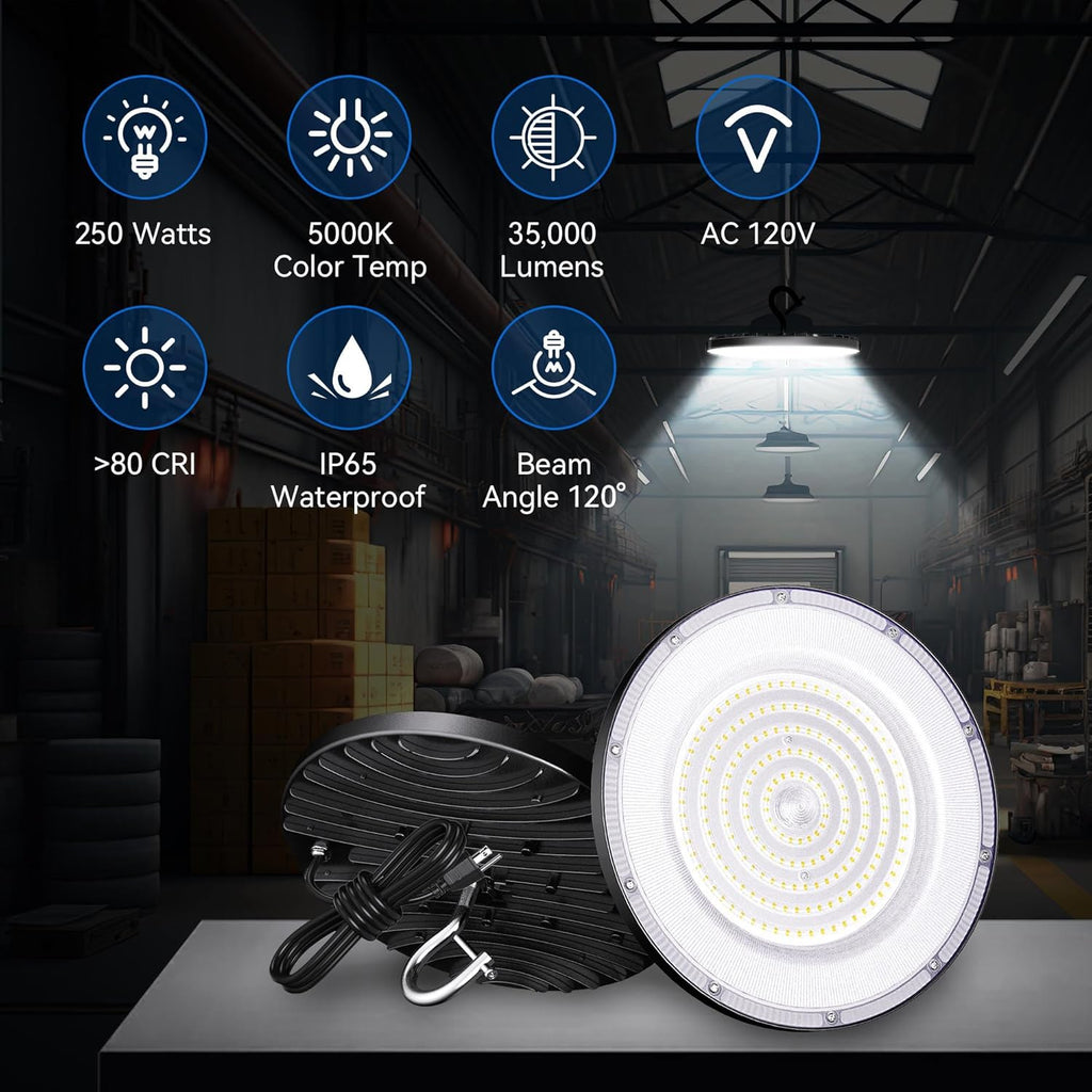 4 Pack UFO Led High Bay Light 250W, 35000lm, 5000K Daylight ETL Listed High Bay Led Lights with 5' Cable US Hook, IP65 Waterproof Commercial Lighting Fixture for Warehouse Workshop Barn Factory