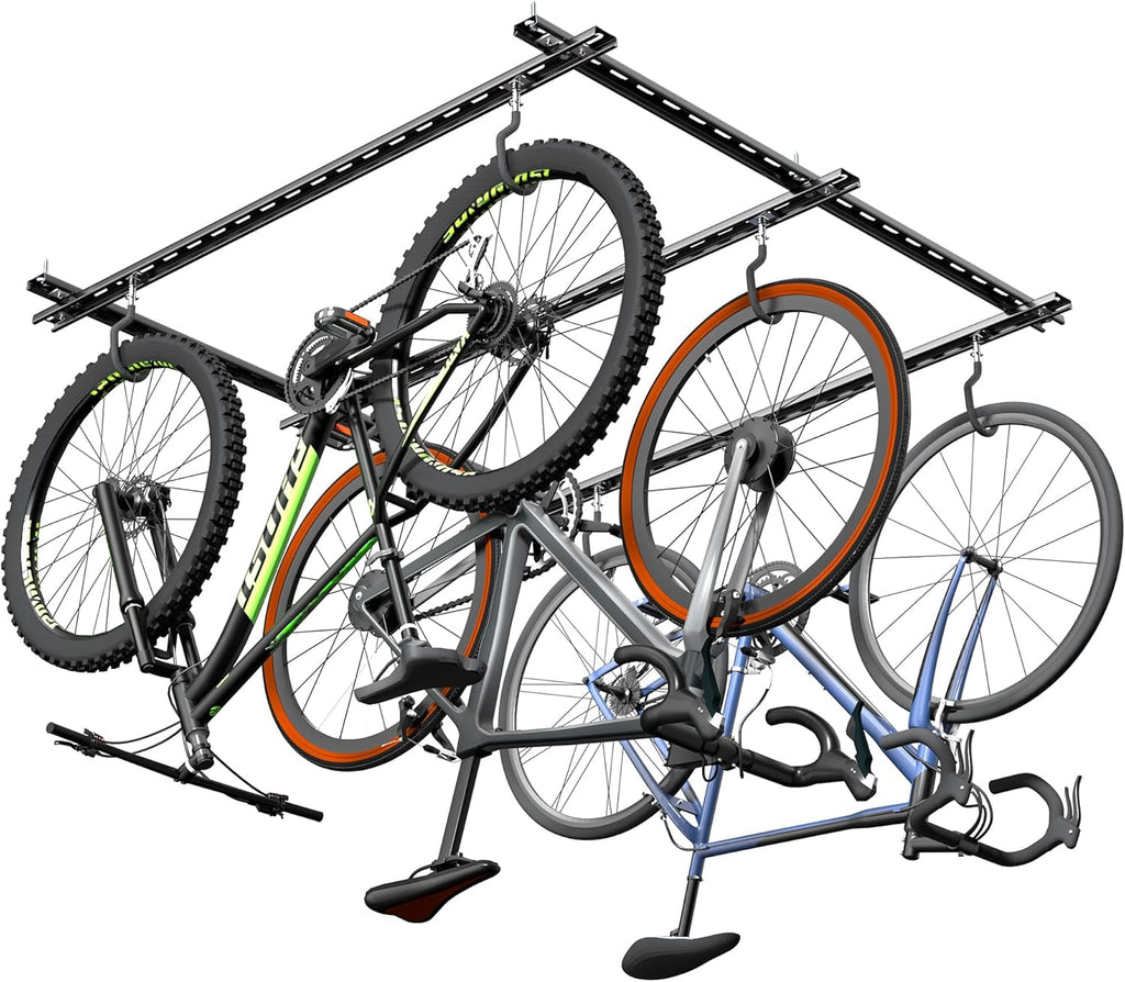 Ultrawall Ceiling Bike Rack for Garage, Indoor Bike Hanger with Sliding Track, Adjustable Bike Hooks for up to 3 Bikes (Horizontally), 6 Bikes (Vertically)