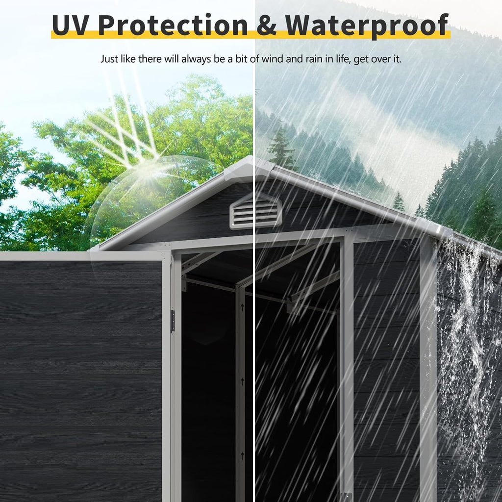 4x6 FT Outdoor Storage Resin Shed with Floor,Waterproof Plastic Garden Bike Shed with Lockable Door, Sloped Roof, Vents & Windows, Easy Assembly Tool Shed for Lawn, Backyard, Patio, Black