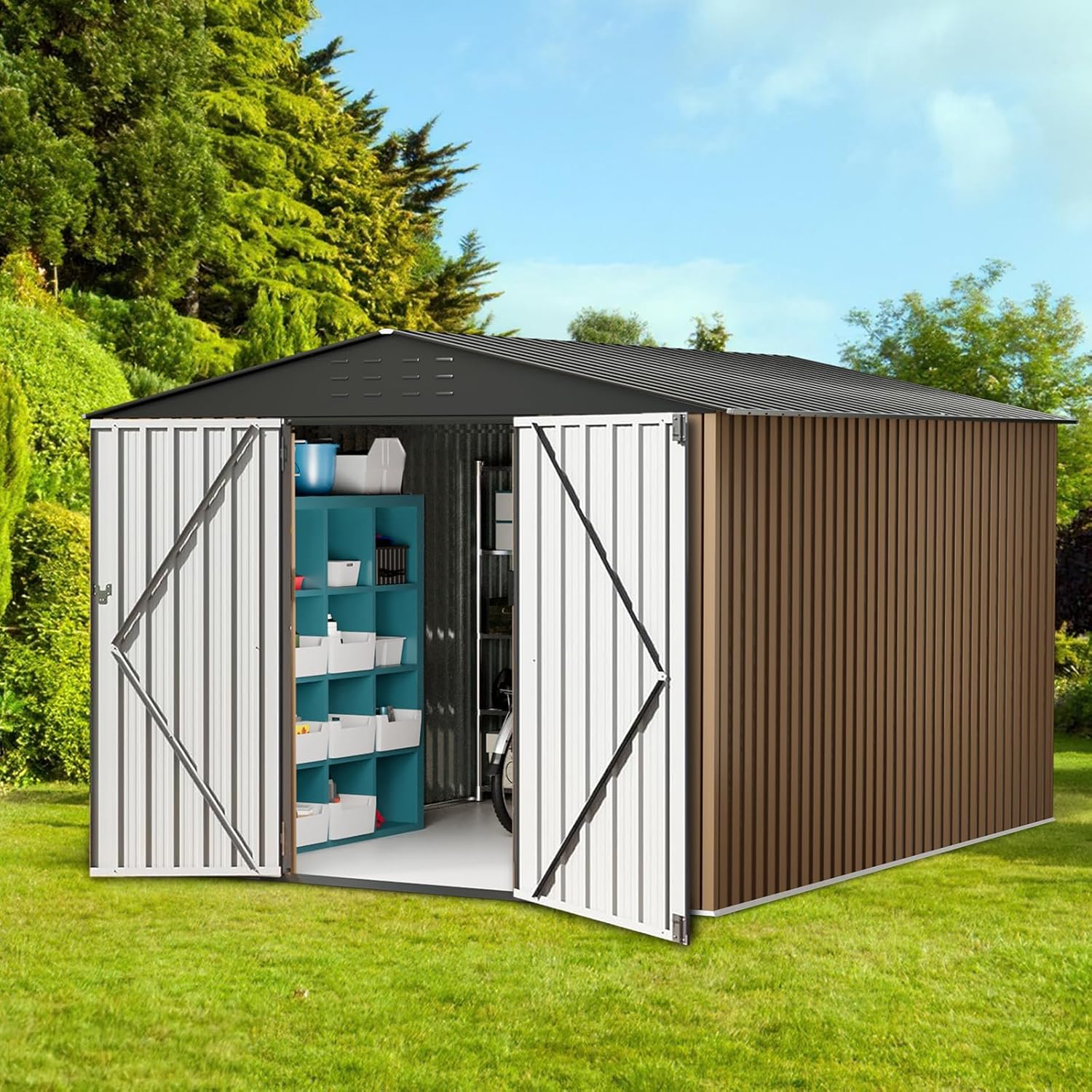 Outdoor Storage Shed,8x12 FT Metal Garden Shed with Lockable Doors & Slooping Roof,Updated Reinforced Door,Tool/Bike Sheds for Backyard, Patio, Poolside,Garage
