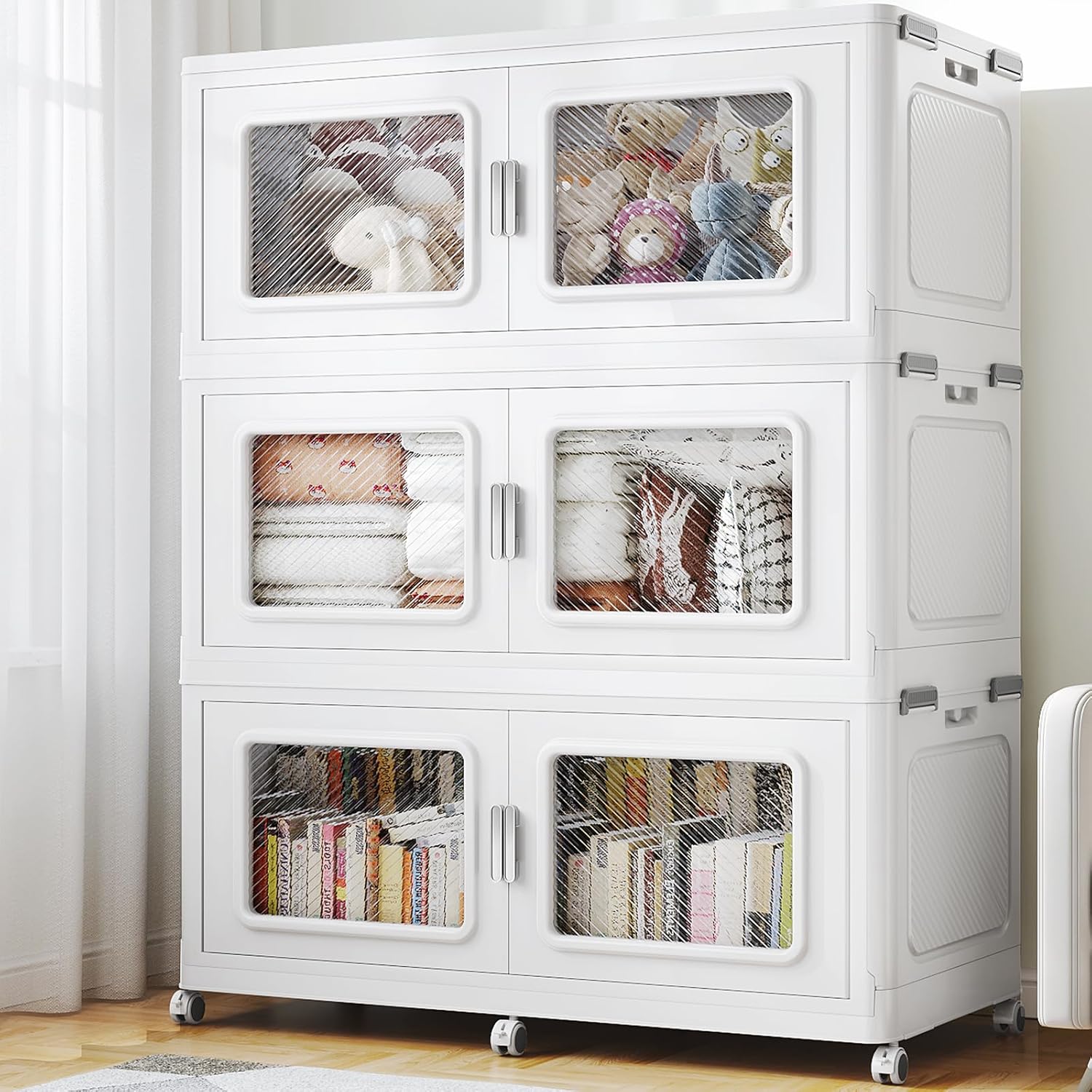 900 Qt Stackable Storage Bin with Lid, 225Gal Extra Large Collapsible Storage Boxes, Folding Plastic Drawer, Heavy-Duty Store Cabinet, Closet Organizer for Home Kitchen, 3 Pack White