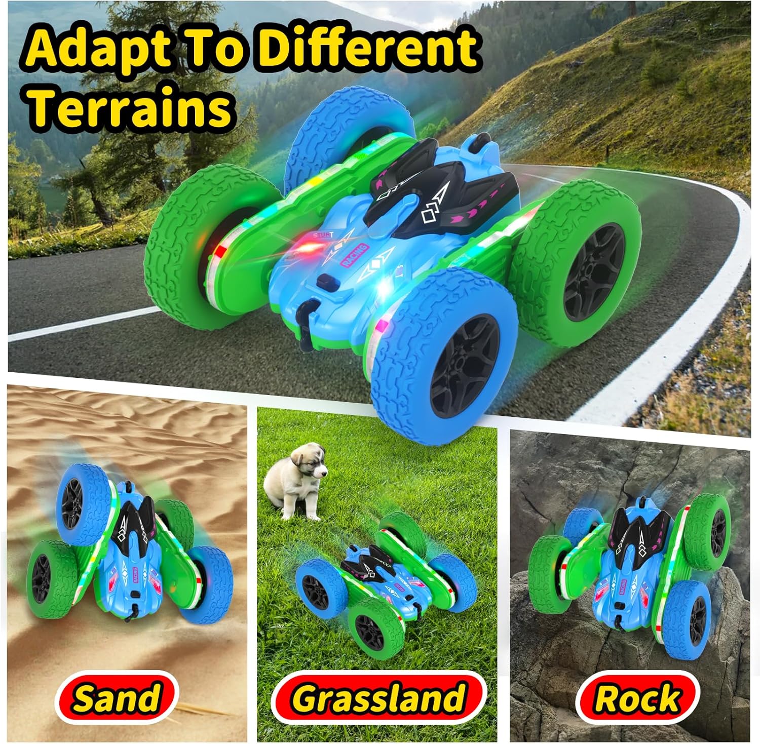 Remote Control Car, RC Cars Toys for Boys Age 5-7, RC Stunt Car Toy with Strip Lights and Headlights, 2.4 Ghz 600mAh Double-Sided 360° Rotating 4WD RC Cars, Fast Race Car Rechargeable Toy for Boys