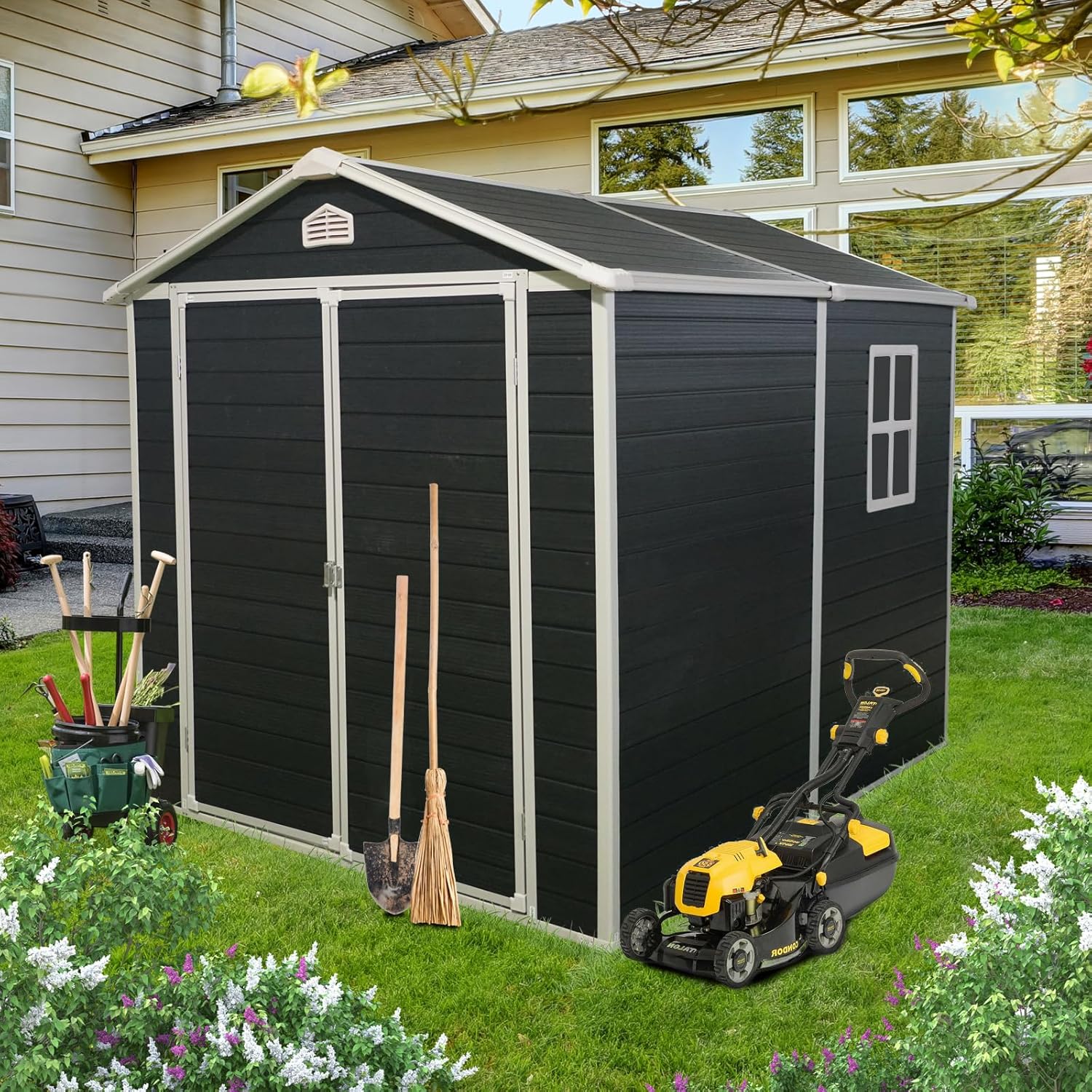 6x8 FT Outdoor Storage Shed, Resin Garden Shed with Thick Floor, Plastic Storage Shed with Window, Waterproof Outside Tool Shed with Lockable Hinged Doors for Backyard, Patio, Lawn, Black