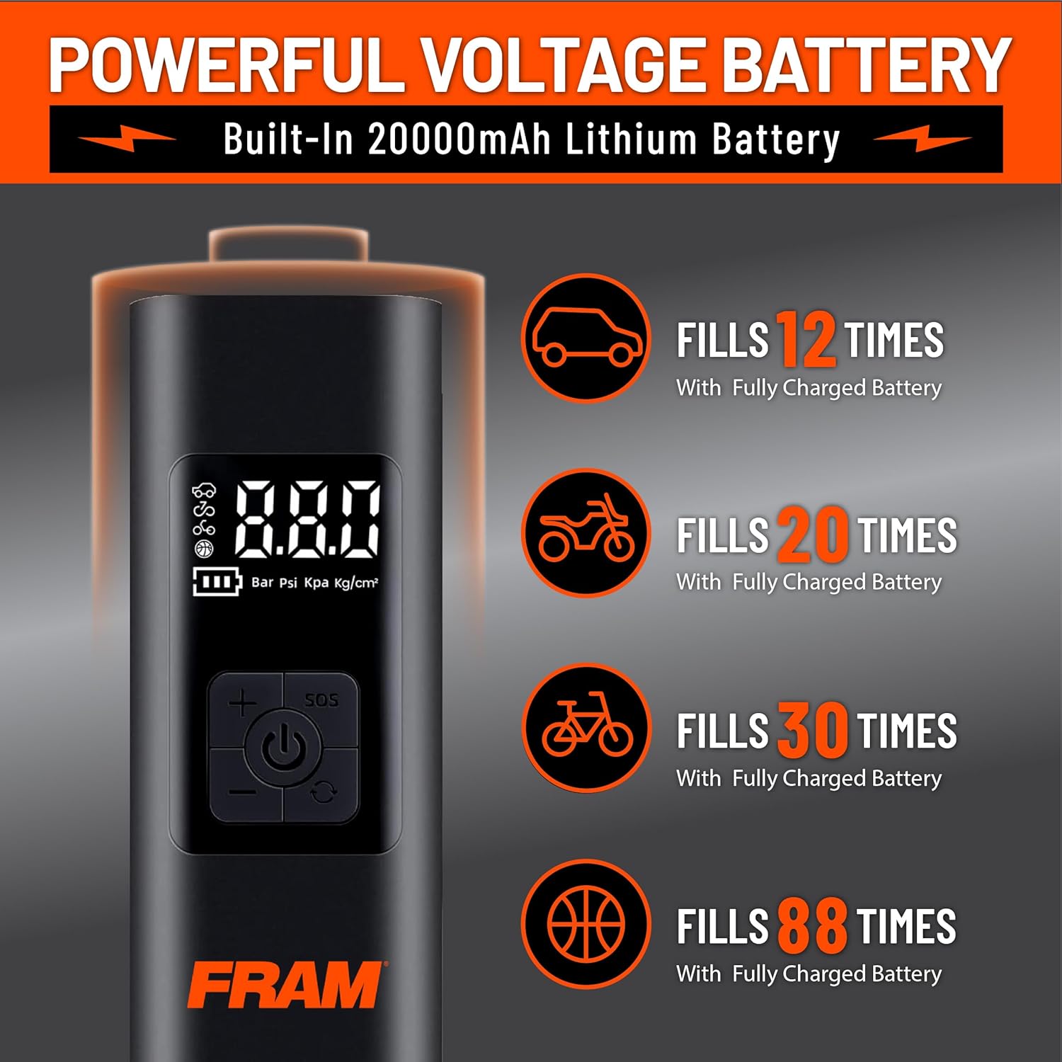 FRAM FEK40002 Portable Emergency Tire Inflator with 6000mAh Battery and 12V, 150PSI Air Pump for Car, Bike, Motor, Ball with Digital Tire Pressure Gauge with LED Light