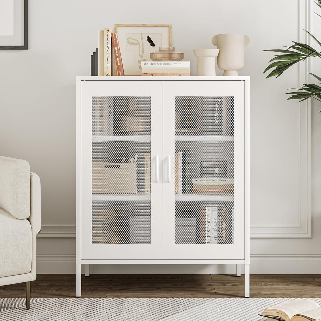 Metal Storage Cabinet with Mesh Doors,Steel Display Cabinet with Adjustable Shelves,Metal Office Storage Locker for Home Office,Garage(White mesh, 40''H)
