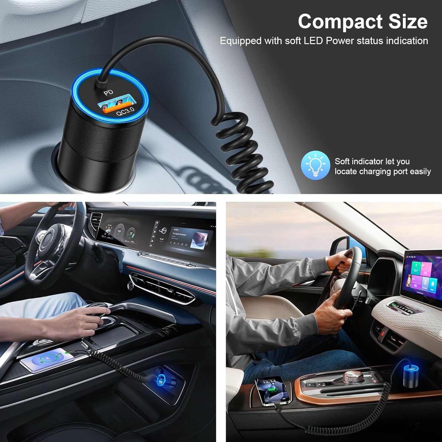 3-Pack USB C Car Charger,38W Fast Charging Car Phone Charger+3.5FT Type C Coiled Cable,PD&QC 3.0 Car Charger Adapter Compatible with iPhone 16/15 Plus/Pro/Max,Galaxy S24 S23 Ultra,iPad,LG