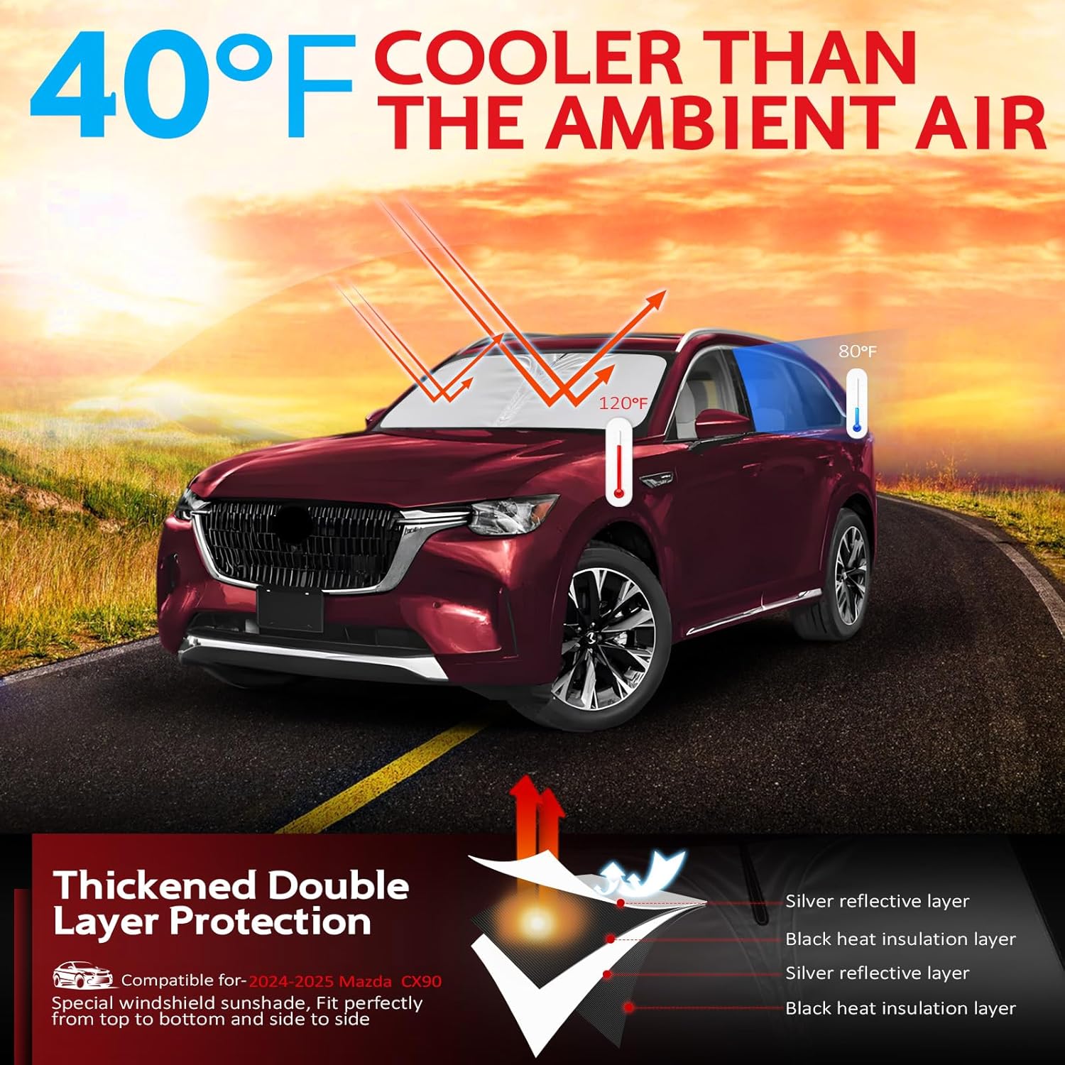 KAYZT Windshield Sun Shade for 2024-2025 2026 Mazda CX-90 CX90 Foldable Sunshade Front Window Custom Fit Car Accessories