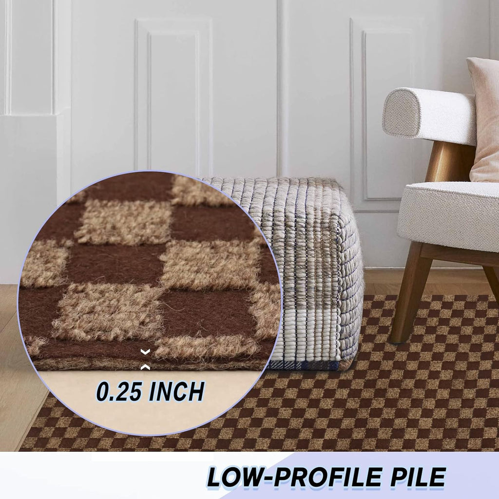Custom Size Backed Non-Slip Area Rugs Runner, Easy Clean, Waterproof Runner Rugs for Hallway Entryway, Kitchen, Laundry, 3FT x 54FT, Brown Checkered