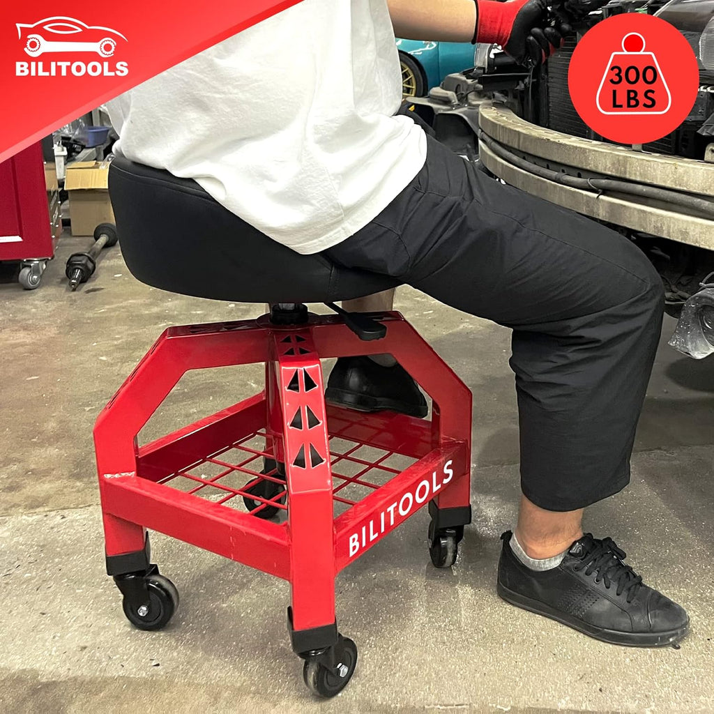 BILITOOLS Heightened Rolling Shop Stools with Wheels 26-33", Adjustable Garage Mechanic Stool Oversized Seat & Backrest, 300 LBS Shop Chair for Garage with Wheels Heavy-Duty Swivel Tool Tray Storage