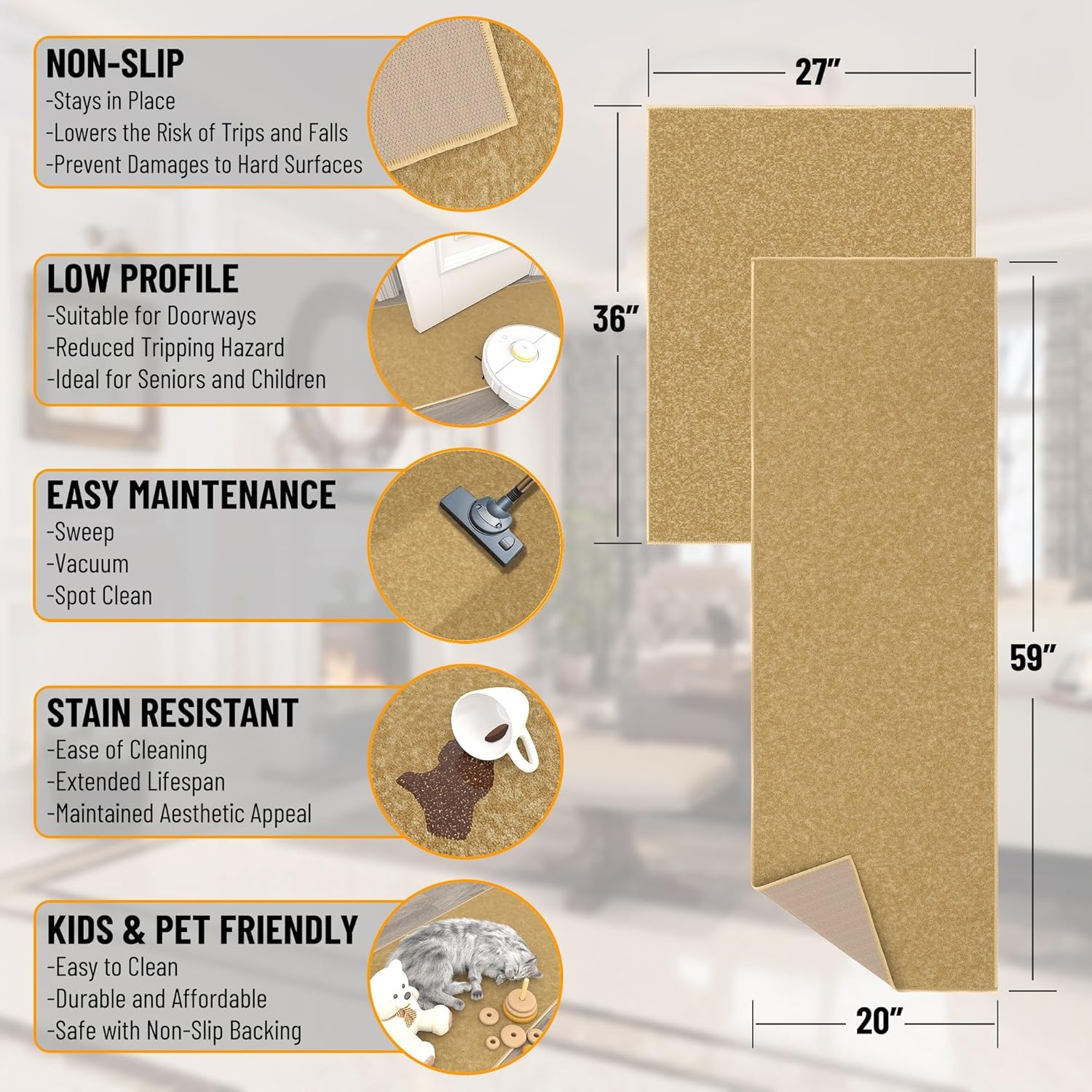 Ottomanson 2-Piece Kitchen Rug Set - Non Slip, Runner & Small Area Rug - Solid - 20" x 59" & 2'3" x 3' - Durable, Stain Resistant for Entryway, Bedroom and Bathroom, Beige