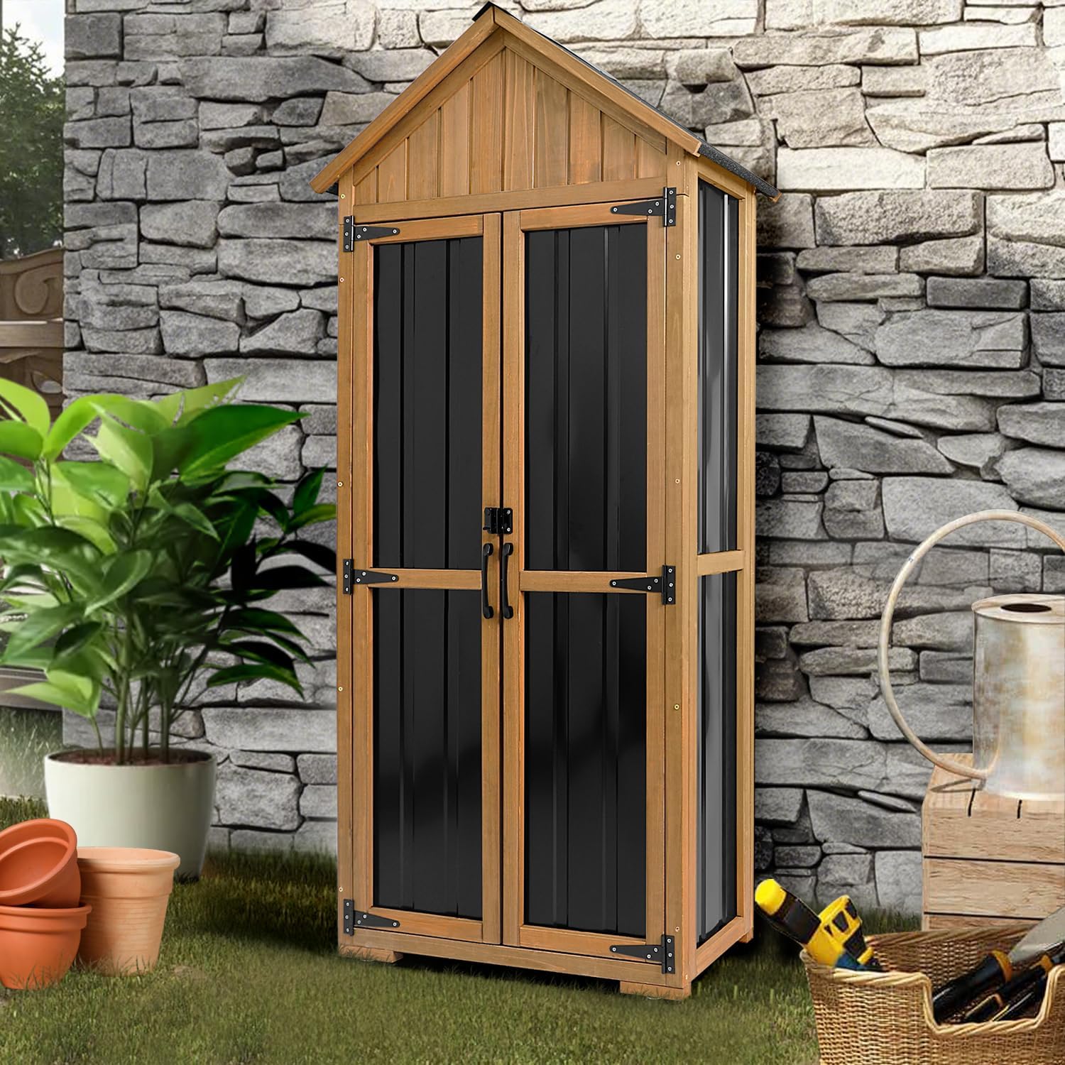 Outdoor Storage Cabinet Waterproof, Outdoor Storage Shed with Shelves, Wood & Metal Patio Backyard Garden Storage Cabinet Tool Organizer for Outside
