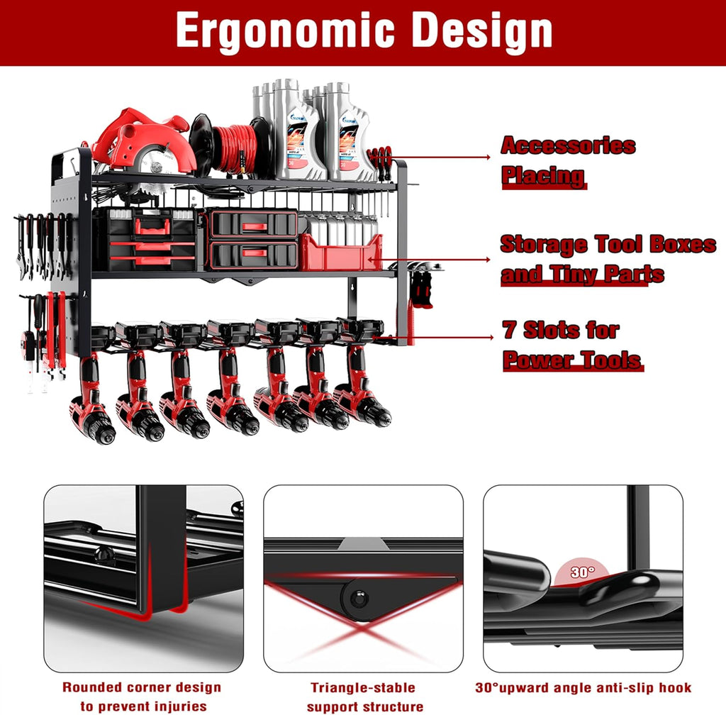 Power Tool Organizer Wall Mount - Pegboard with 7 Drill Holder - Heavy Duty Metal Tool Shelf for Garage Organization
