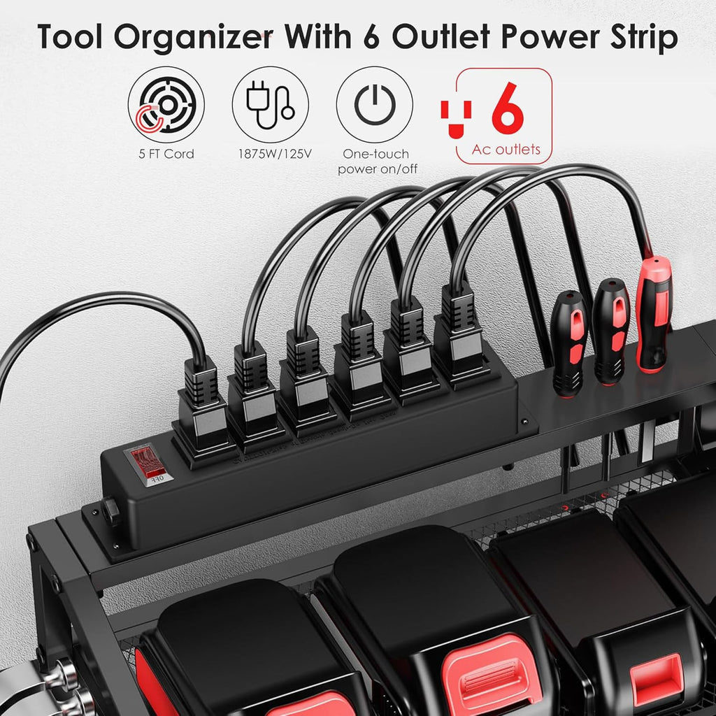 Power Tool Organizer Wall Mount with Charging Station, 3 Layer Storage Rack and Tool Holder for Garage Organization, 8 Drill Holder Wall Mount and 6 Outlet Power Strip